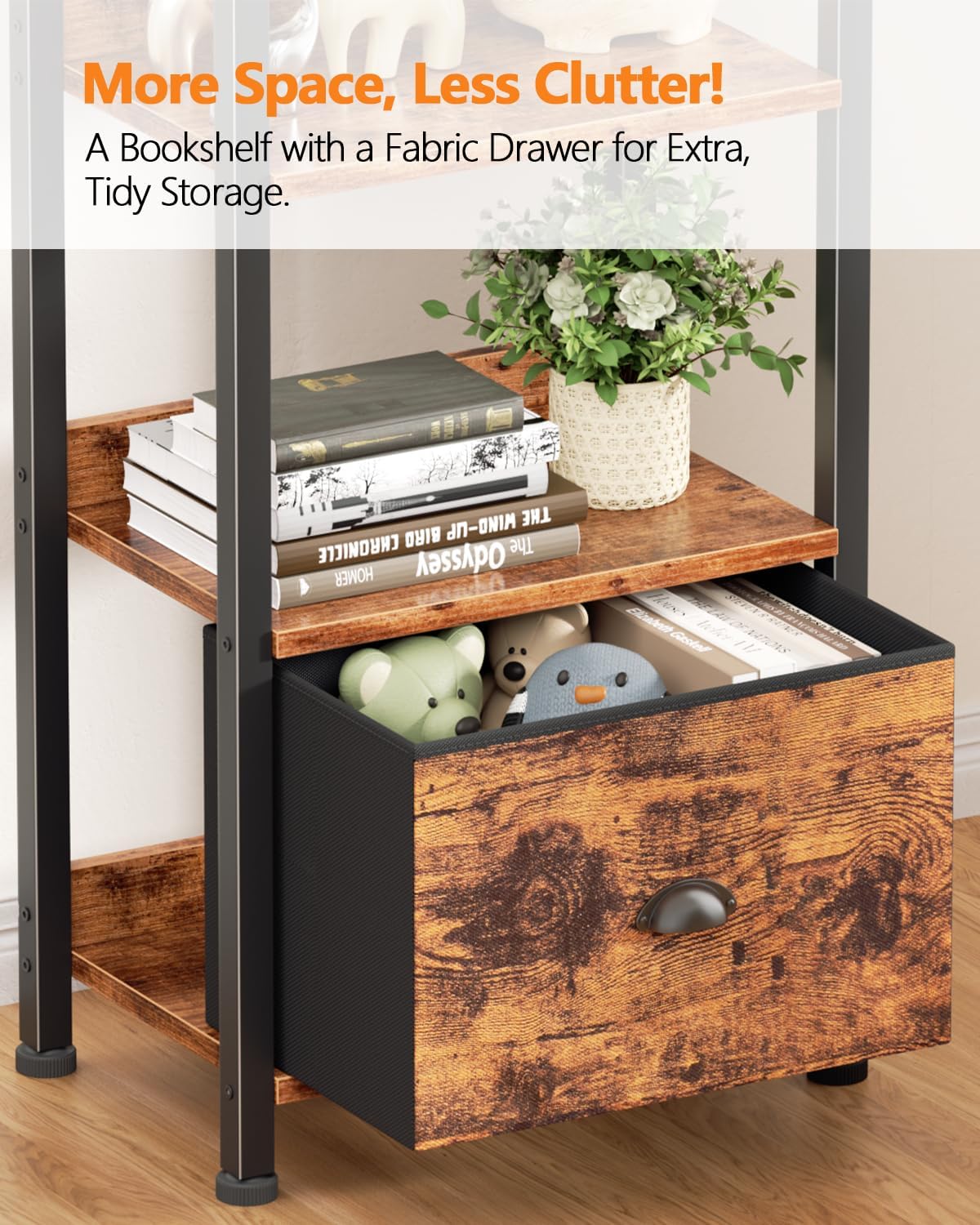 Qwatto Brown 6 Tier Bookshelf with Drawer Tall Industrial Wood Metal Freestanding Storage Display Shelves Etagere Bookcase Organizer for Home Office