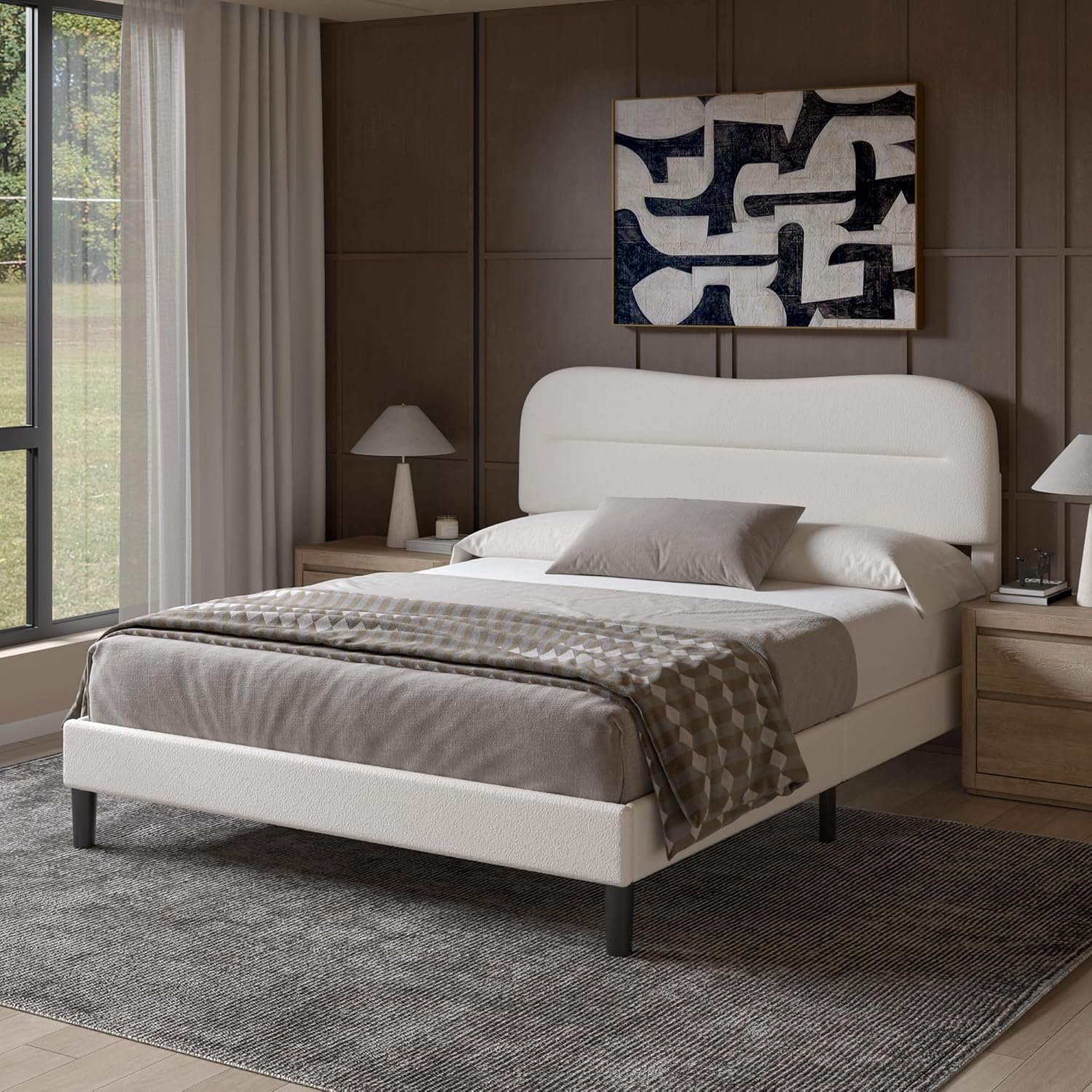 Queen Size Bed Frame with Headboard upholstered Bed Frame  Teddy Soft Boucle Fabric Soft Cloud Marshmallow Shape Headboard No Box Spring Needed