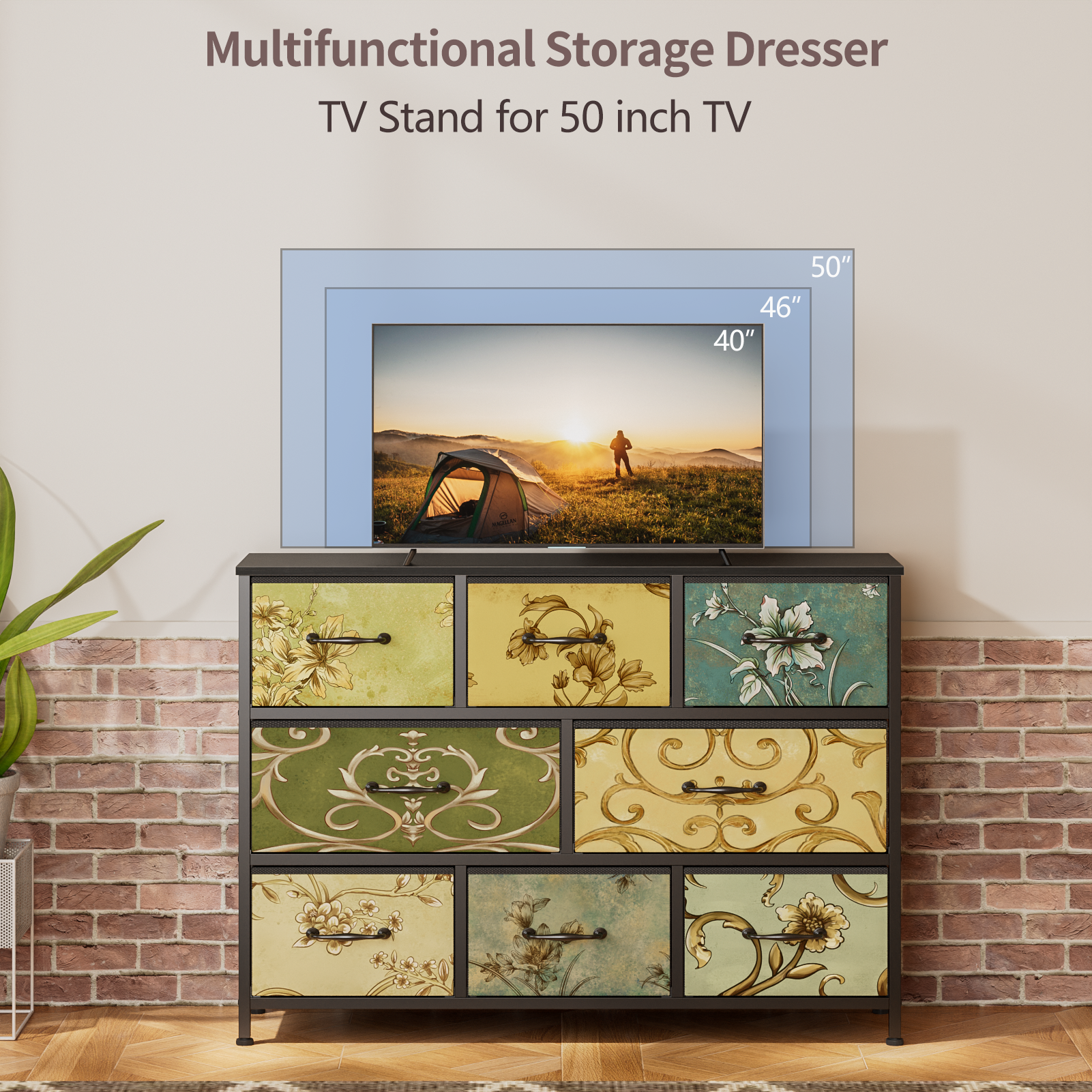 Wide 8 Drawer Dresser Fabric Storage Chest Rustic Wood Top Industrial Metal Frame Large Organizer Unit Bedroom Living Room Closet