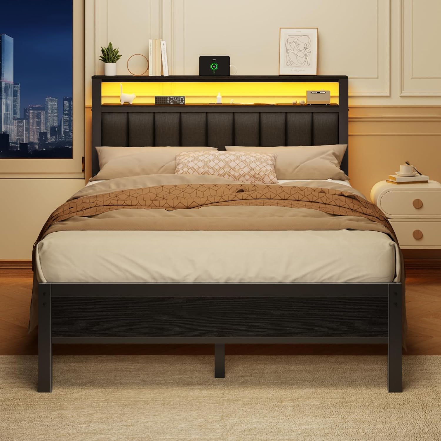 Furnulem Full Size Bed Frame with Charging Station and LED Lights Platform Bed with Metal Slats Grey Upholstered Headboard with 2-Tier Storage Shelves No Box Spring Needed