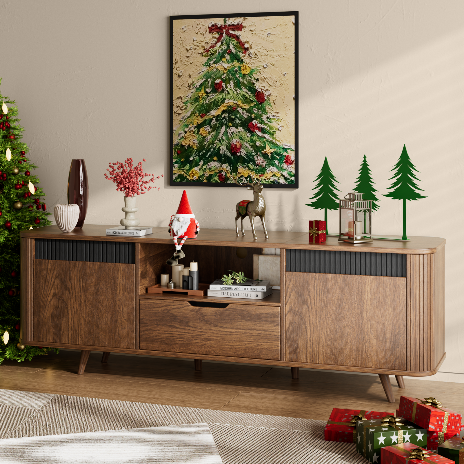 55" TV Stand with Storage for TVs up to 65" With Drawer slides Tambour Media Console With Charging Station Shelves Cable Management Wood Legs walnut