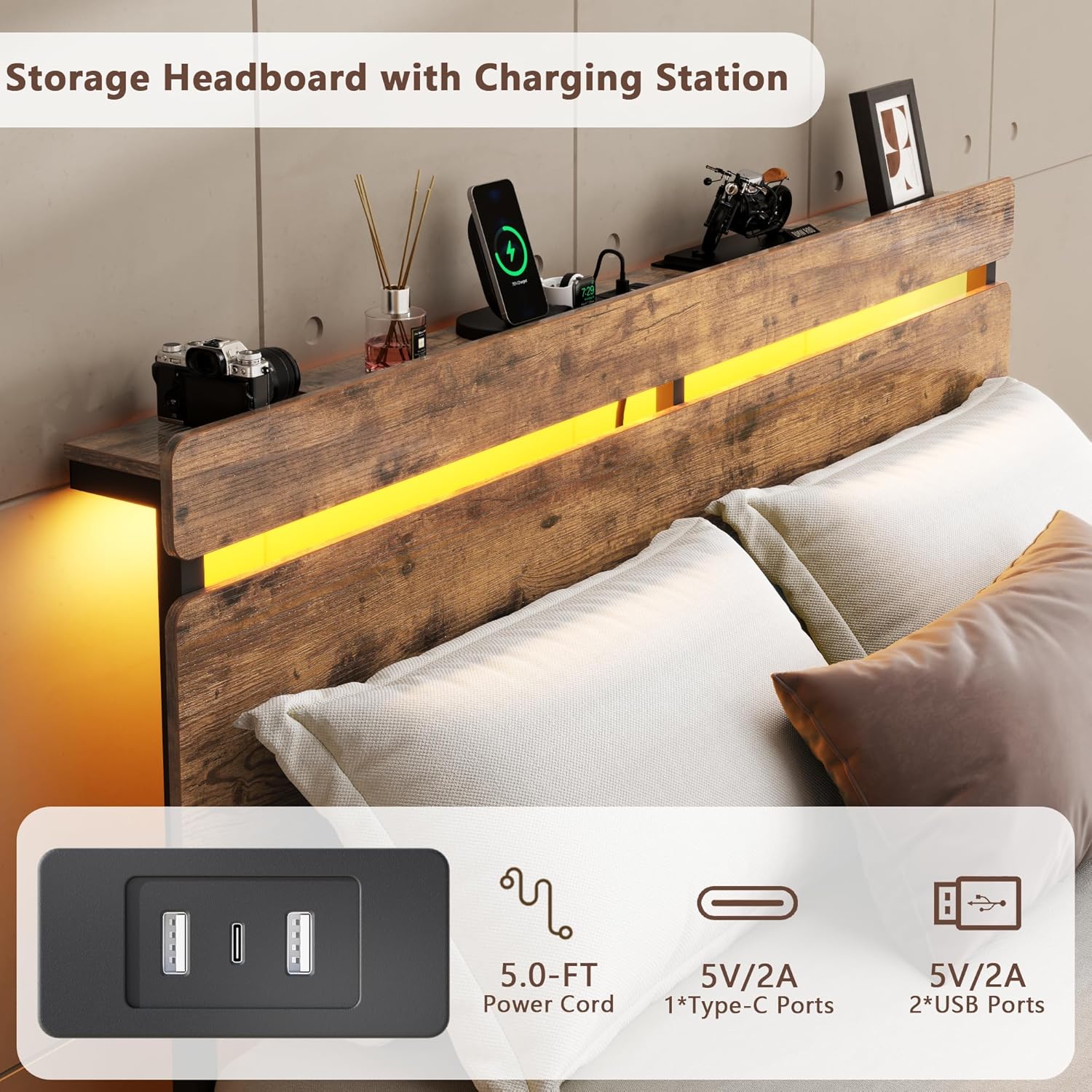 Full Size Bed Frame with Wood Headboard Metal Platform Bed with 2 Storage Drawers  Shelf Built in Charging Station  LED Lights No Box Spring Needed