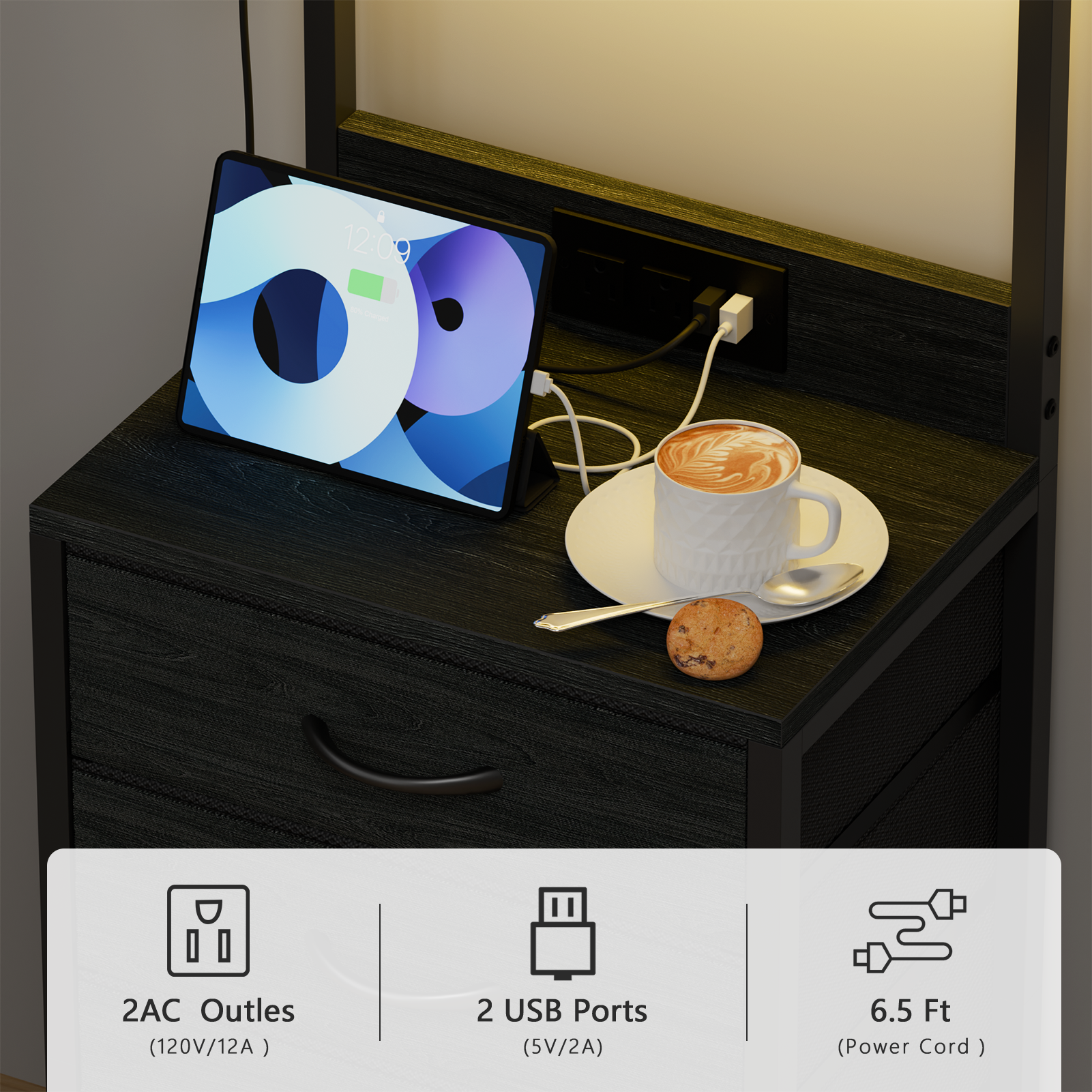 Tall Black Oak Nightstand 4 Fabric Drawers Storage Shelves Modern Bedside Side End Table Narrow Accent Organizer for Small Space Bedroom Living Room