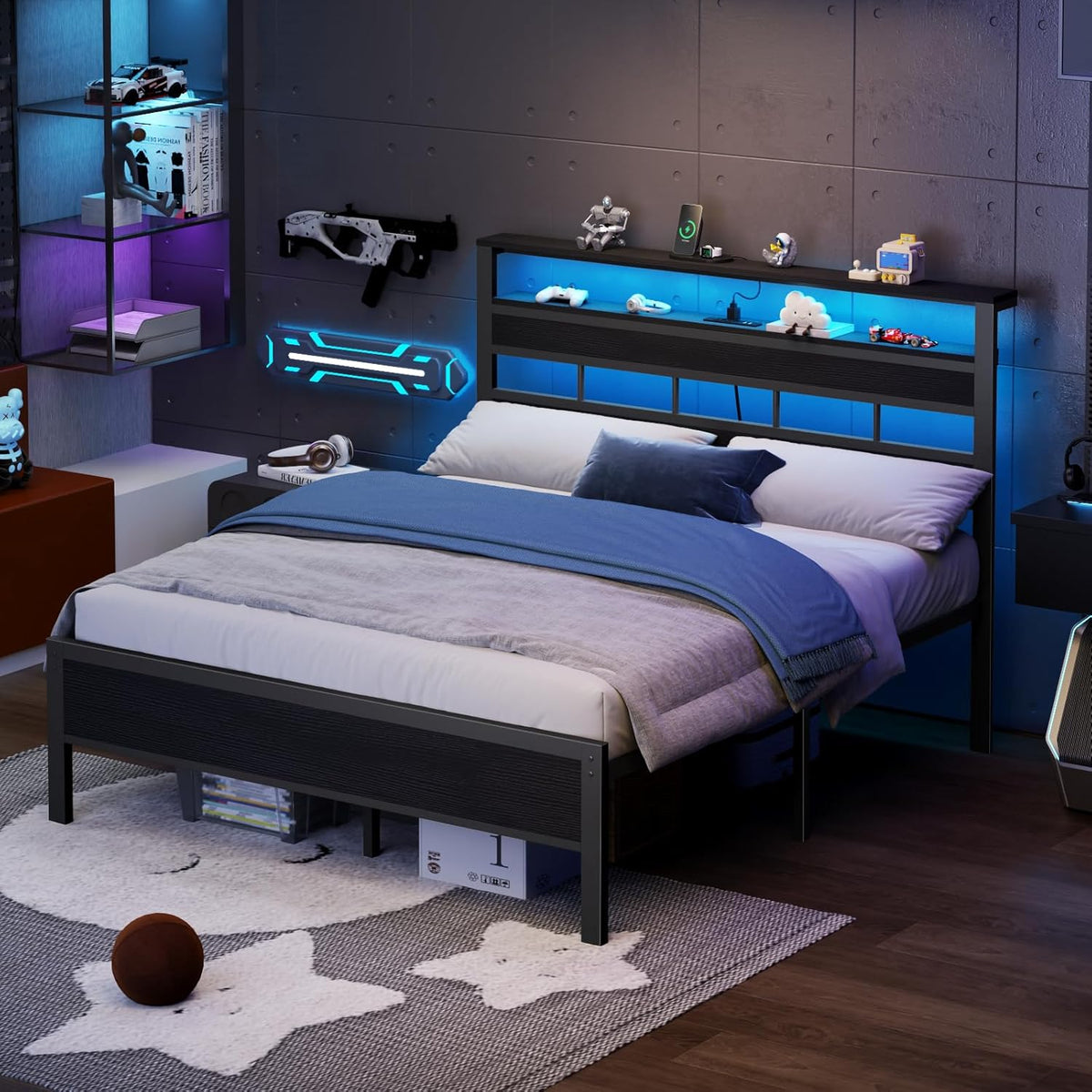Bed Frame with Storage Headboard Charging Station LED Lights Metal Platform