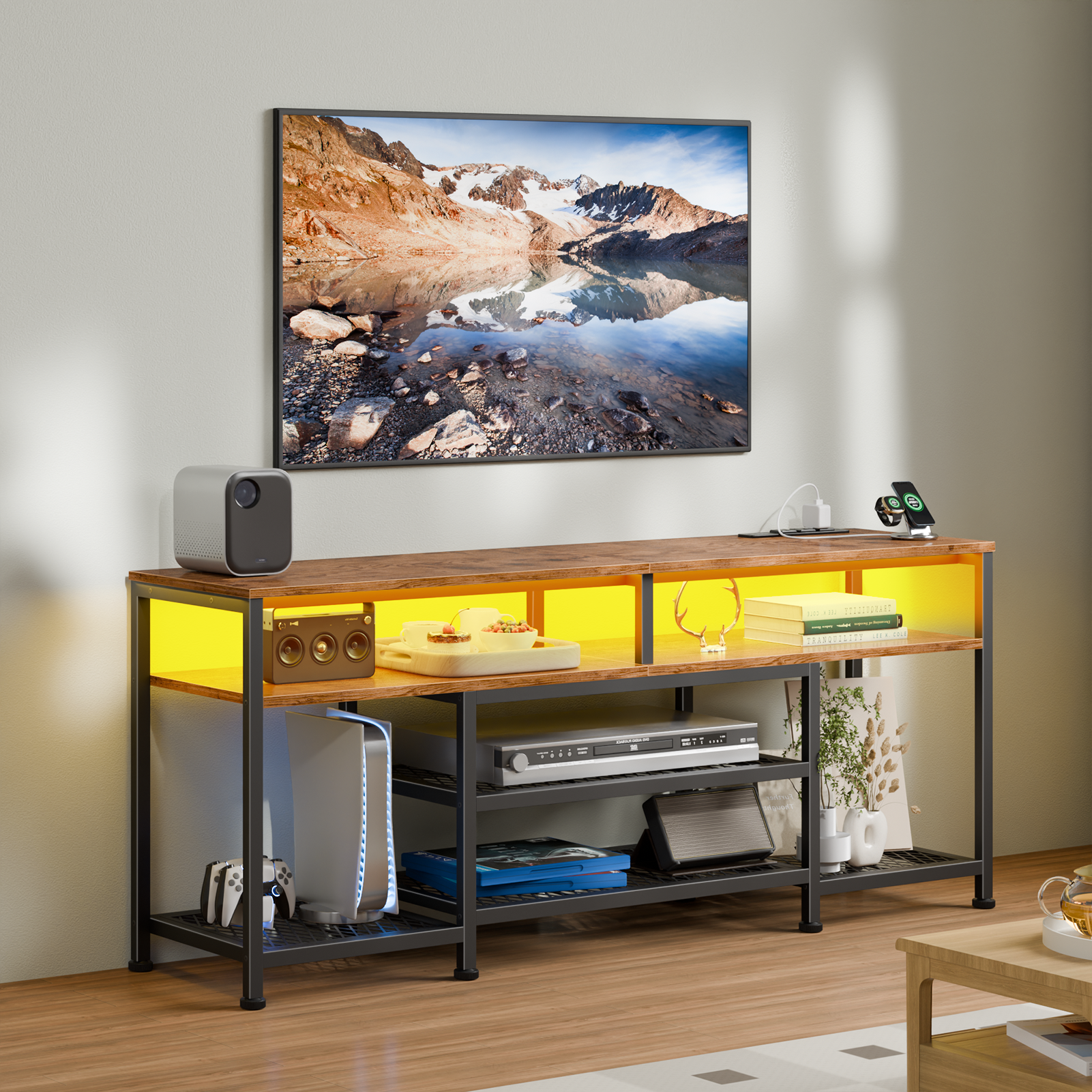 55 Inch Brown TV Stand with Charging Station LED Lights Entertainment Center for TVs up to 60 Inch Media Console Storage Shelves Living Room Bedroom