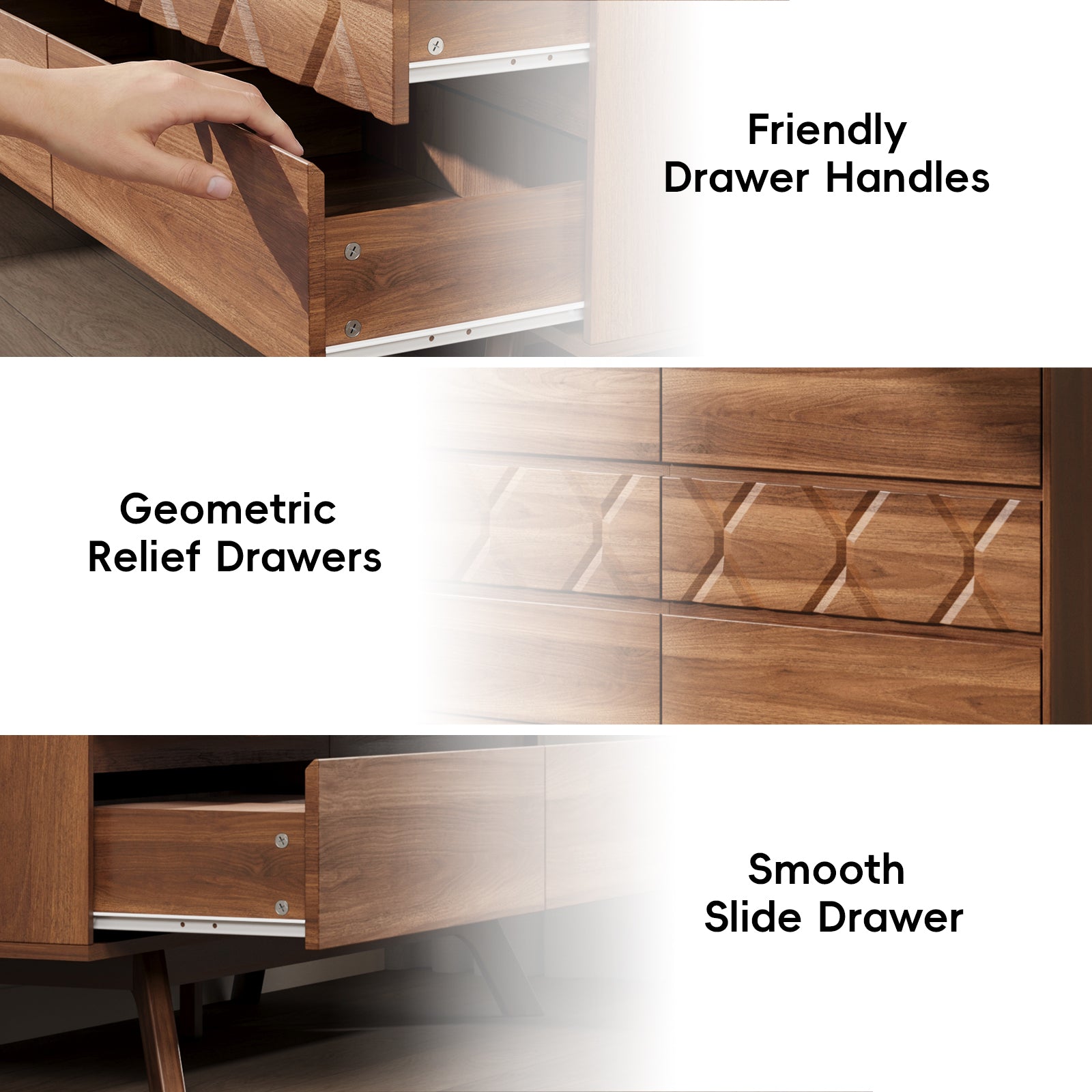 Qwatto 6 Drawer Dresser Mid Century Modern Wood Chest of Drawers Geometric Relief Storage Organizer for Bedroom Entryway Cherry Finish Anti-Tipping