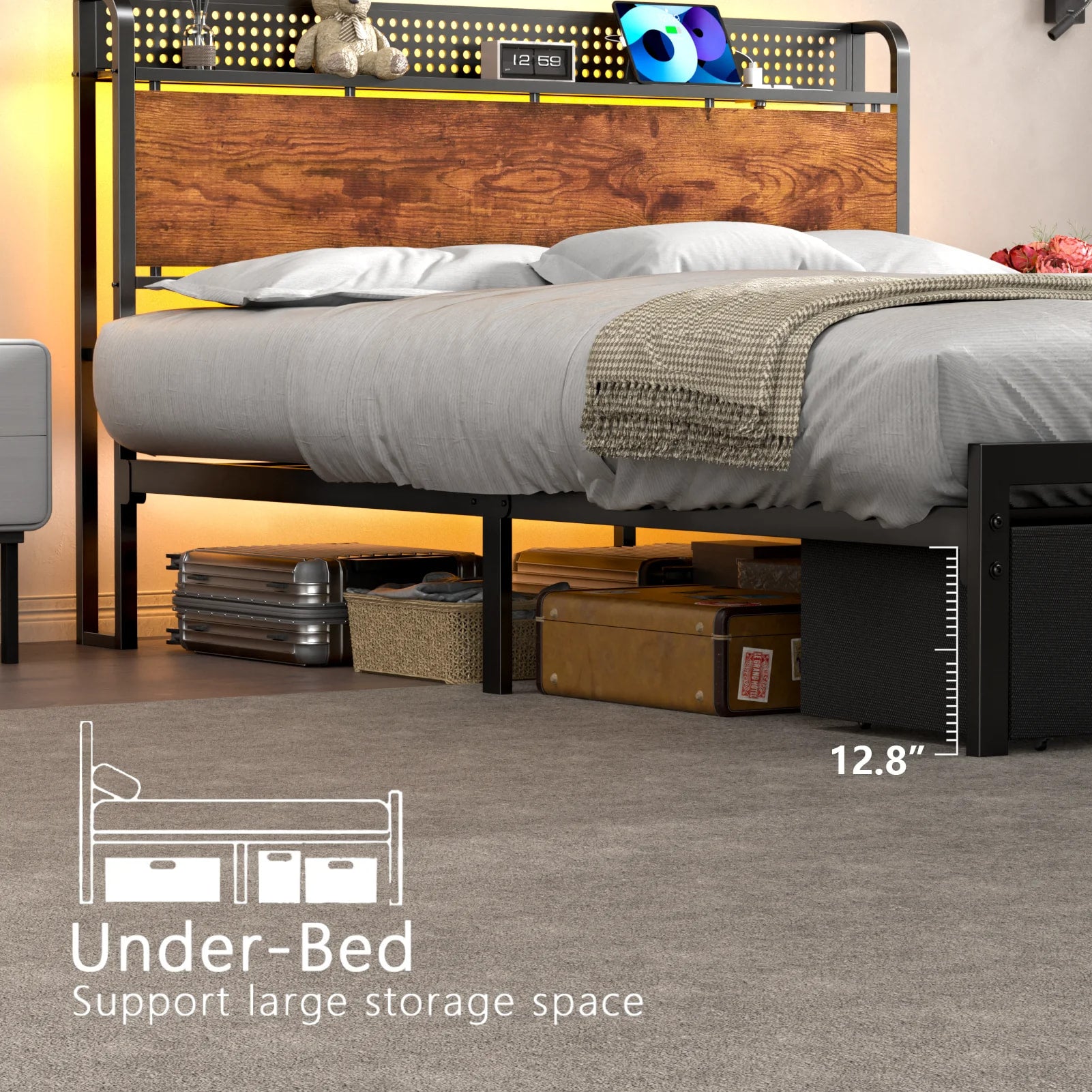 Bed Frame with 2 Drawers & Storage Headboard, Platform Metal Bed with Charging Station, No Box Spring Needed