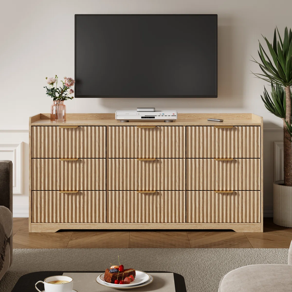 Modern 9 Drawer Dresser Wide Wood Storage Chest of Drawers Bedroom Furniture Nursery Large Clothing Organizer Cabinet Anti Tip Safety