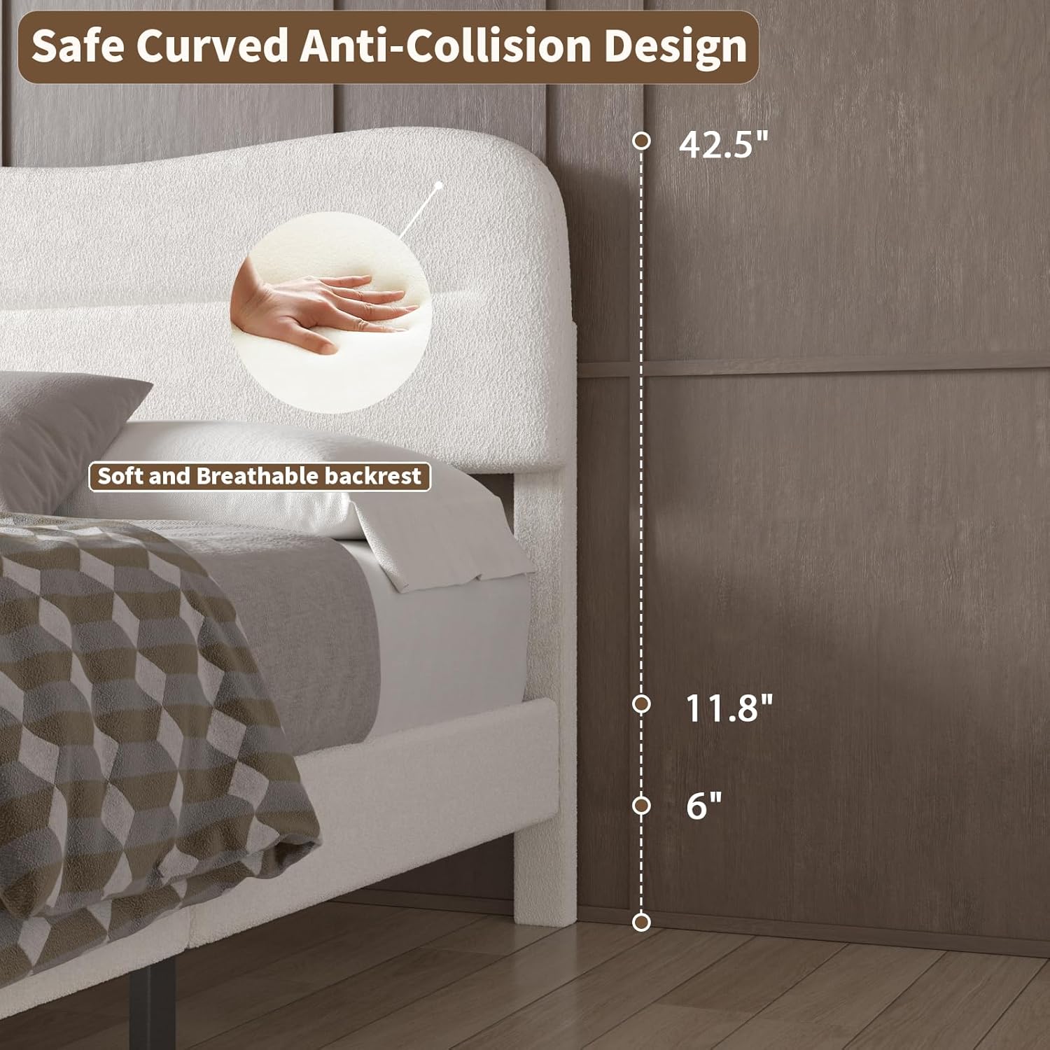 Full Size Bed Frame with Headboard Teddy Soft Boucle Fabric Bed Frame Full Soft Cloud Marshmallow Shape Upholstered Headboard No Box Spring Needed