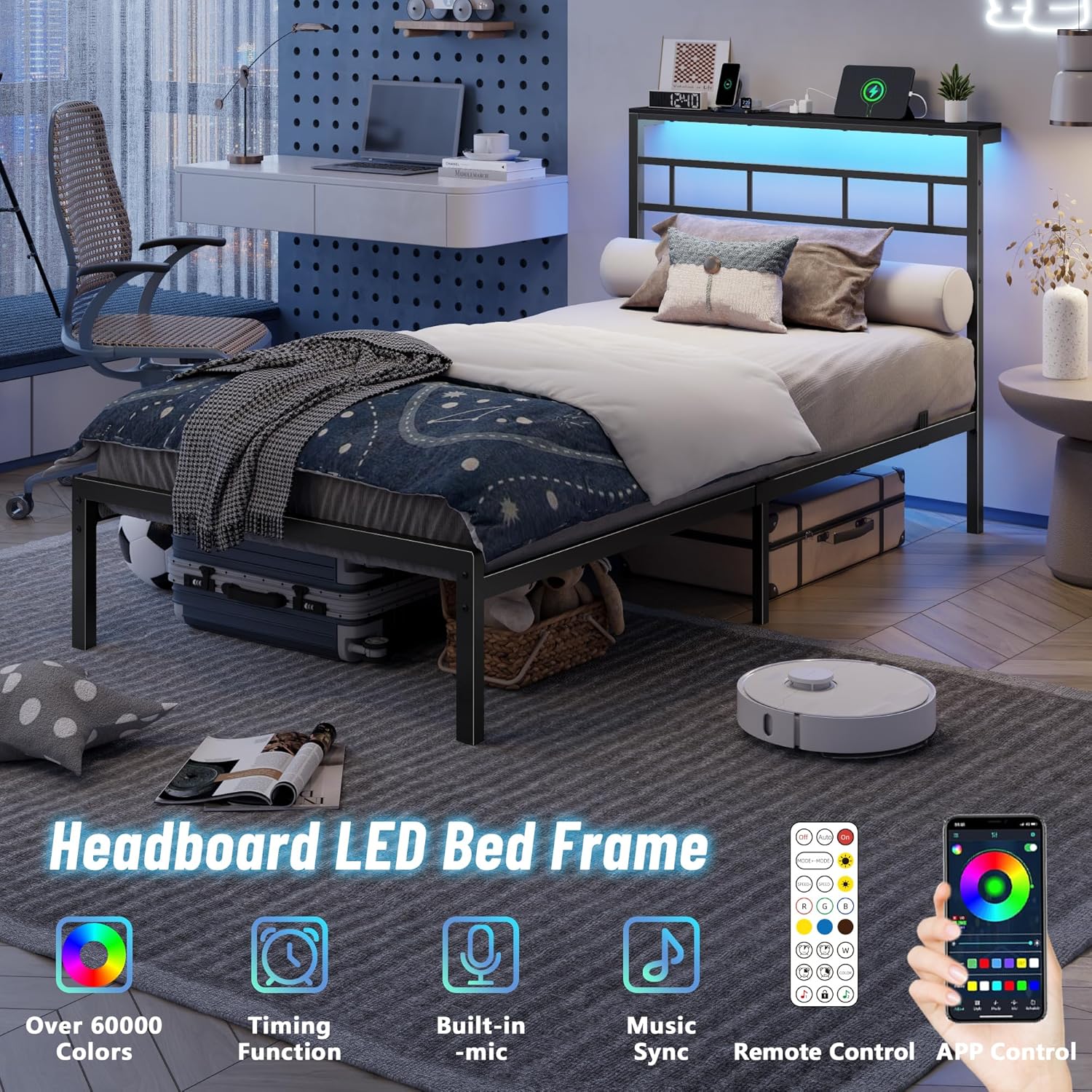 Twin Bed Frames with Built-in Charging Station and LED Light, Metal Platform Bed with Headboard and Storage Shelf  Noise-Free
