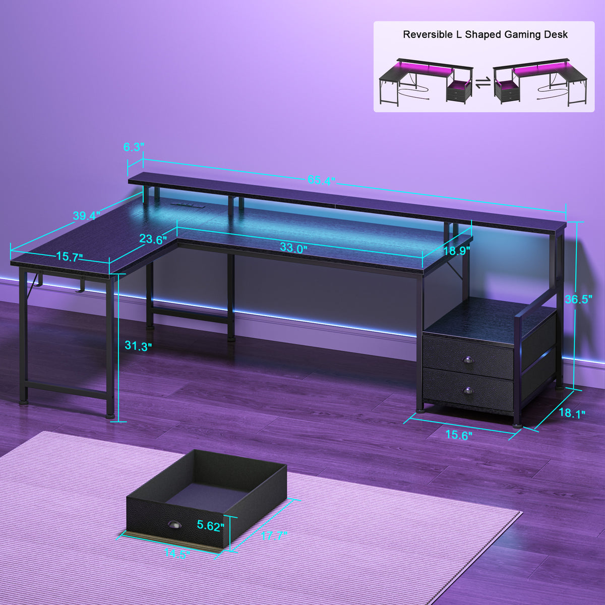 Qwatto 66 Inch Black L Shaped Computer Desk with Charging Station Reversible Gaming Desk LED Lights 2 Drawers Monitor Stand Storage Home Office