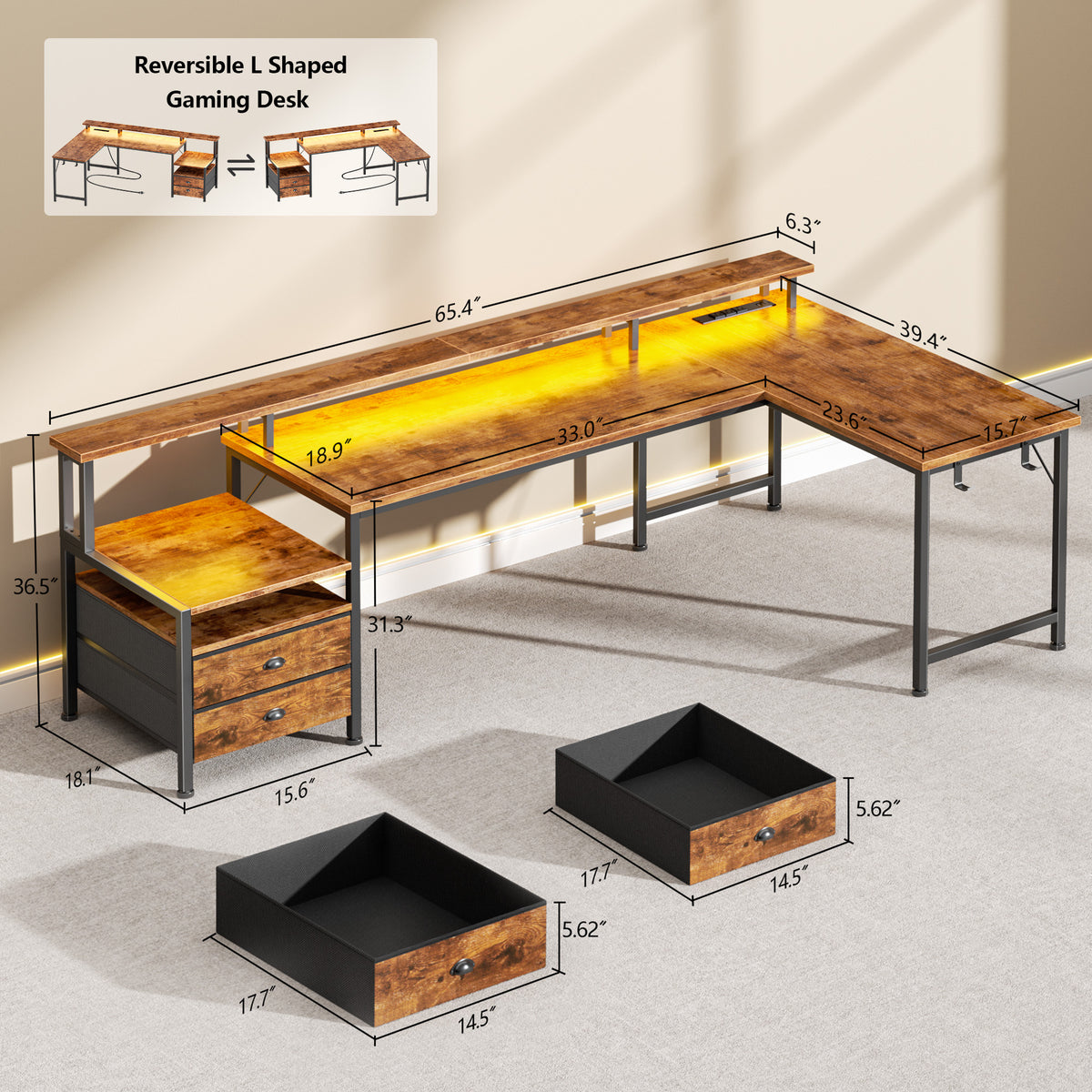 Qwatto 66 Inch Brown L Shaped Computer Desk with Charging Station Reversible Gaming Desk LED Lights 2 Drawers Monitor Stand Storage Home Office
