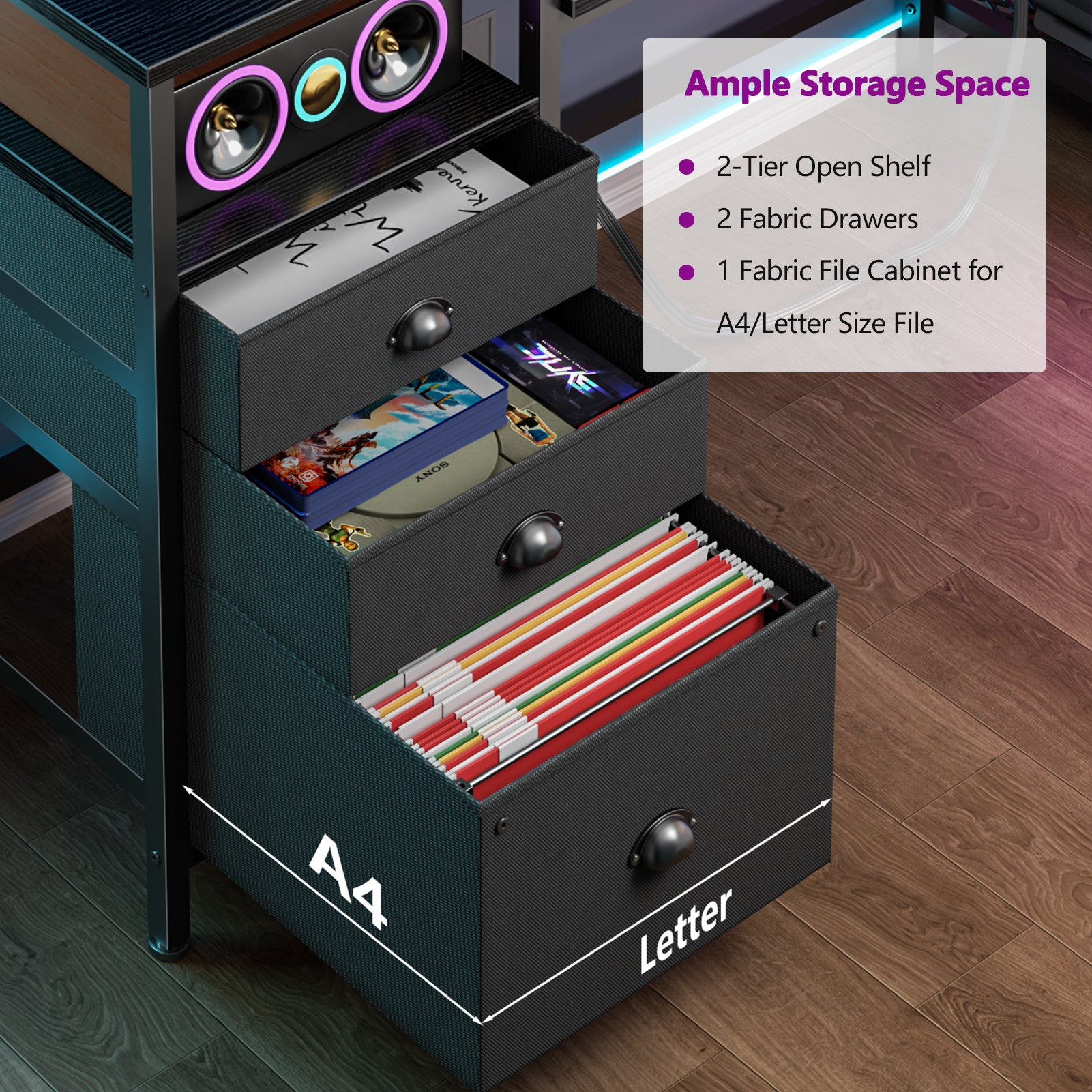 60 Inch Computer Desk with Charging Station LED Lights 4 Drawers Black Gaming Desk Printer Shelf Storage Home Office Work Table Fabric File Cabinet