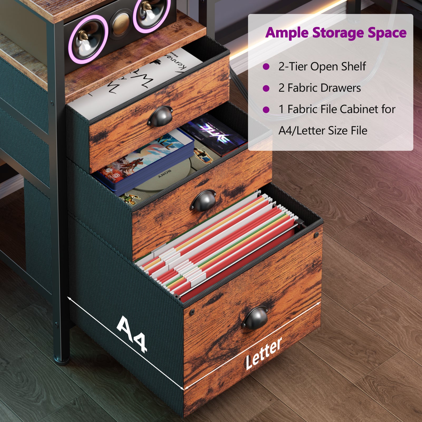 60 Inch Computer Desk with Charging Station Reversible Gaming Desk LED Lights File Cabinet Monitor Stand Rustic Brown Home Office 4 Drawers Shelf