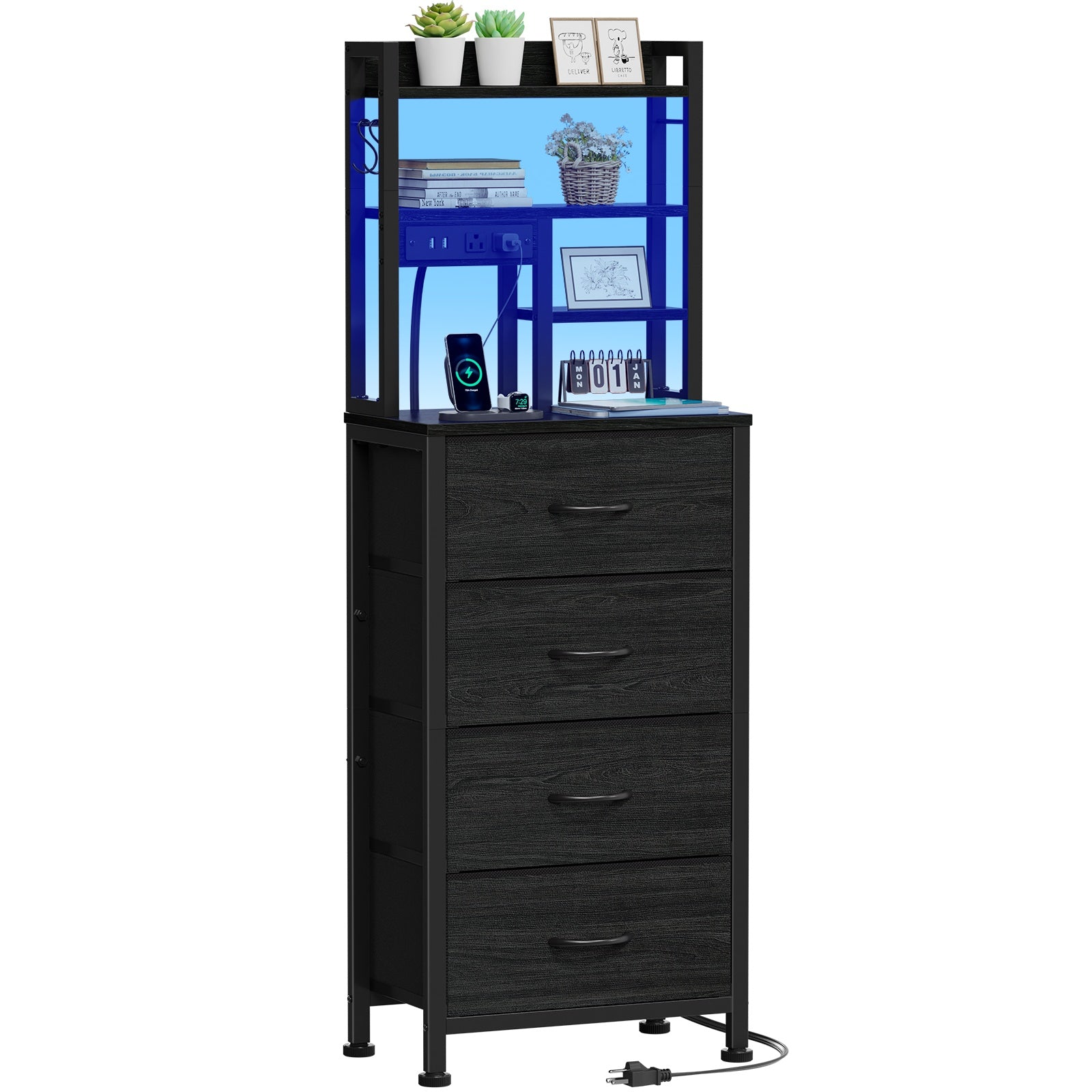 Furnulem Tall Night Stand, 4 Fabric Drawers and 4 Tier Storage Shelf