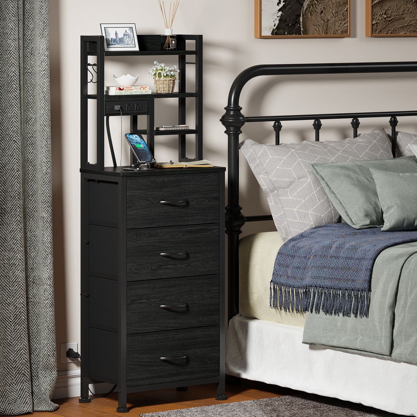 Furnulem Tall Night Stand, 4 Fabric Drawers and 4 Tier Storage Shelf