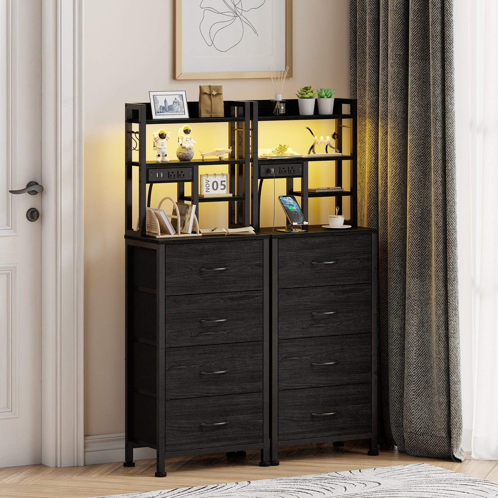 Furnulem Tall Night Stand, 4 Fabric Drawers and 4 Tier Storage Shelf
