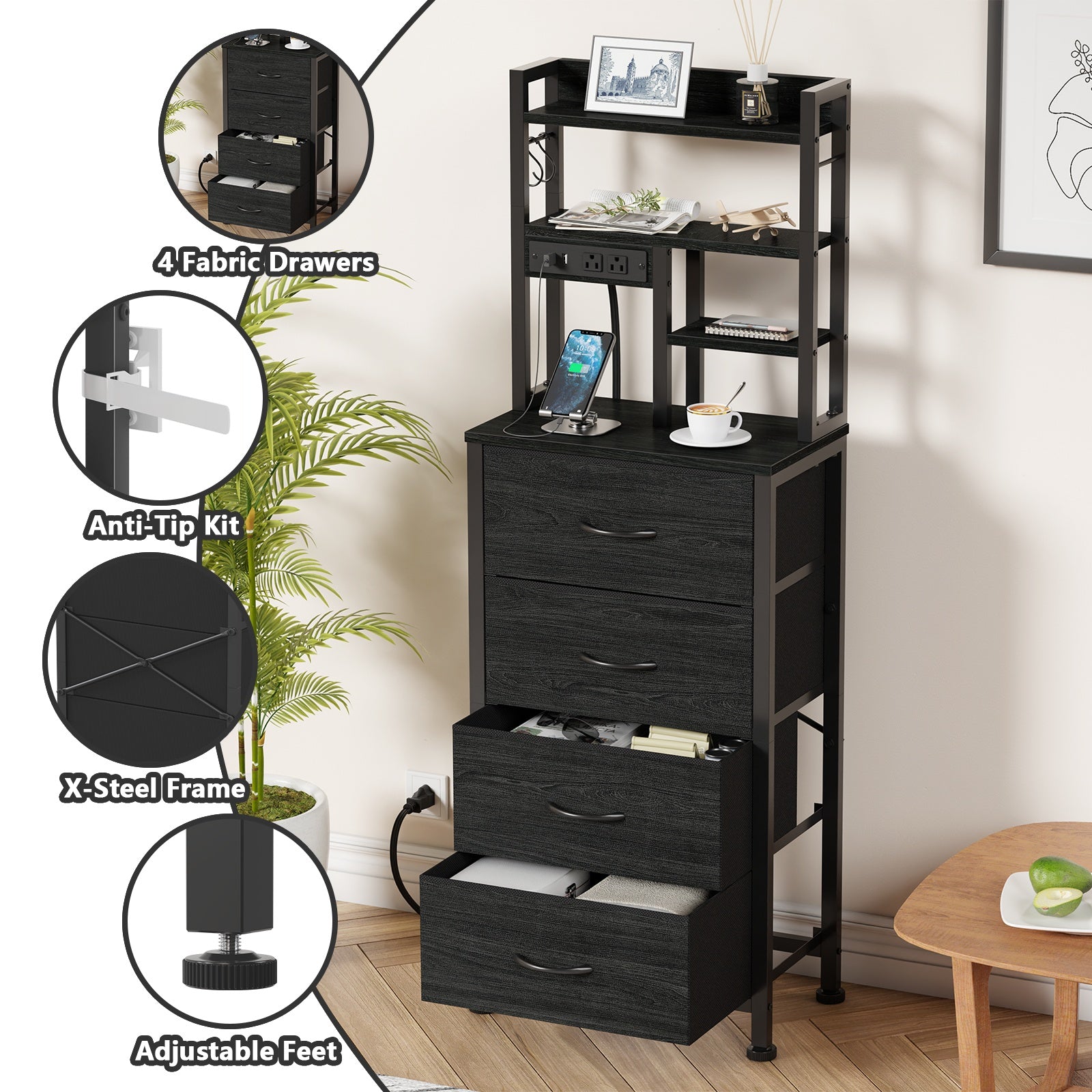 Furnulem Tall Night Stand, 4 Fabric Drawers and 4 Tier Storage Shelf