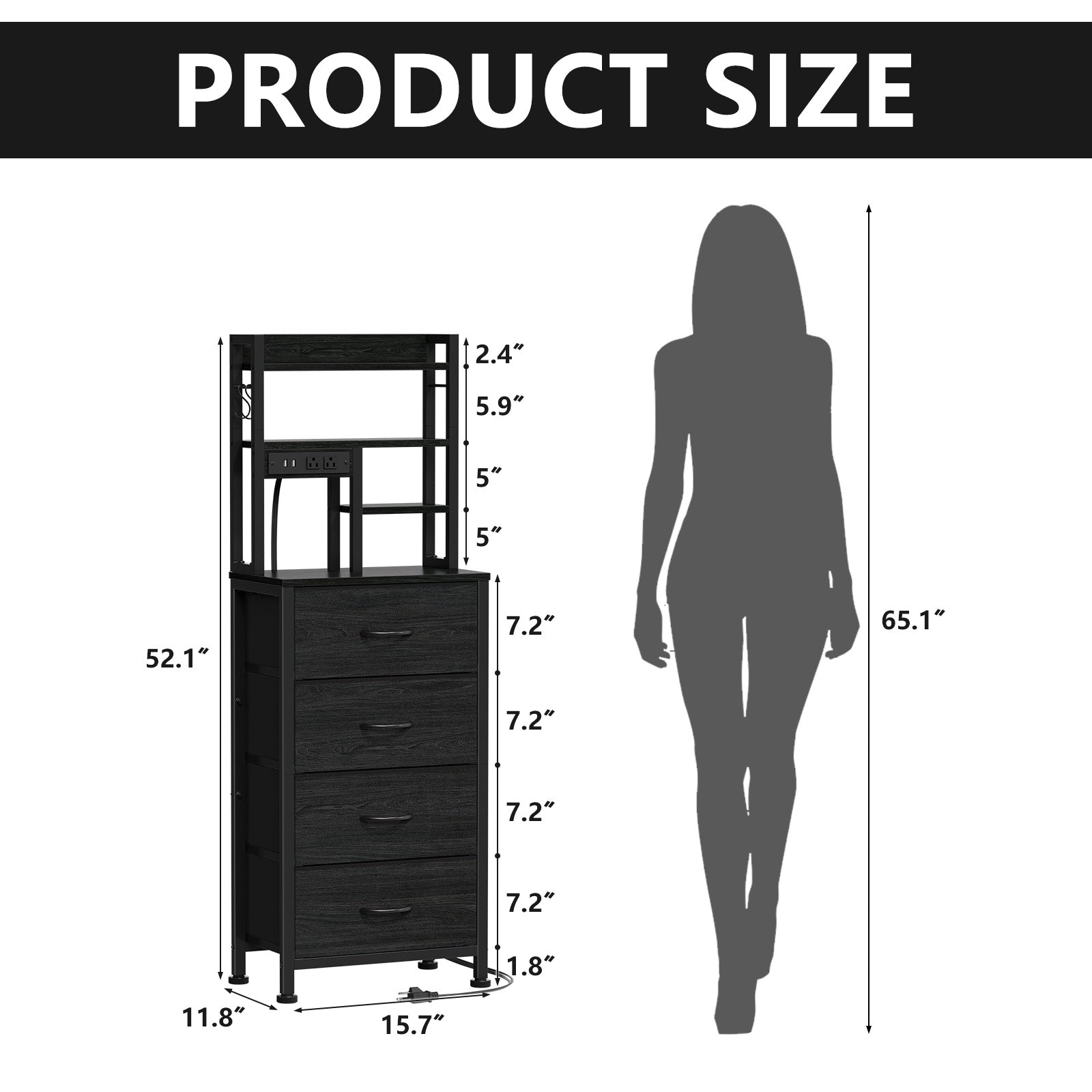 Furnulem Tall Night Stand, 4 Fabric Drawers and 4 Tier Storage Shelf