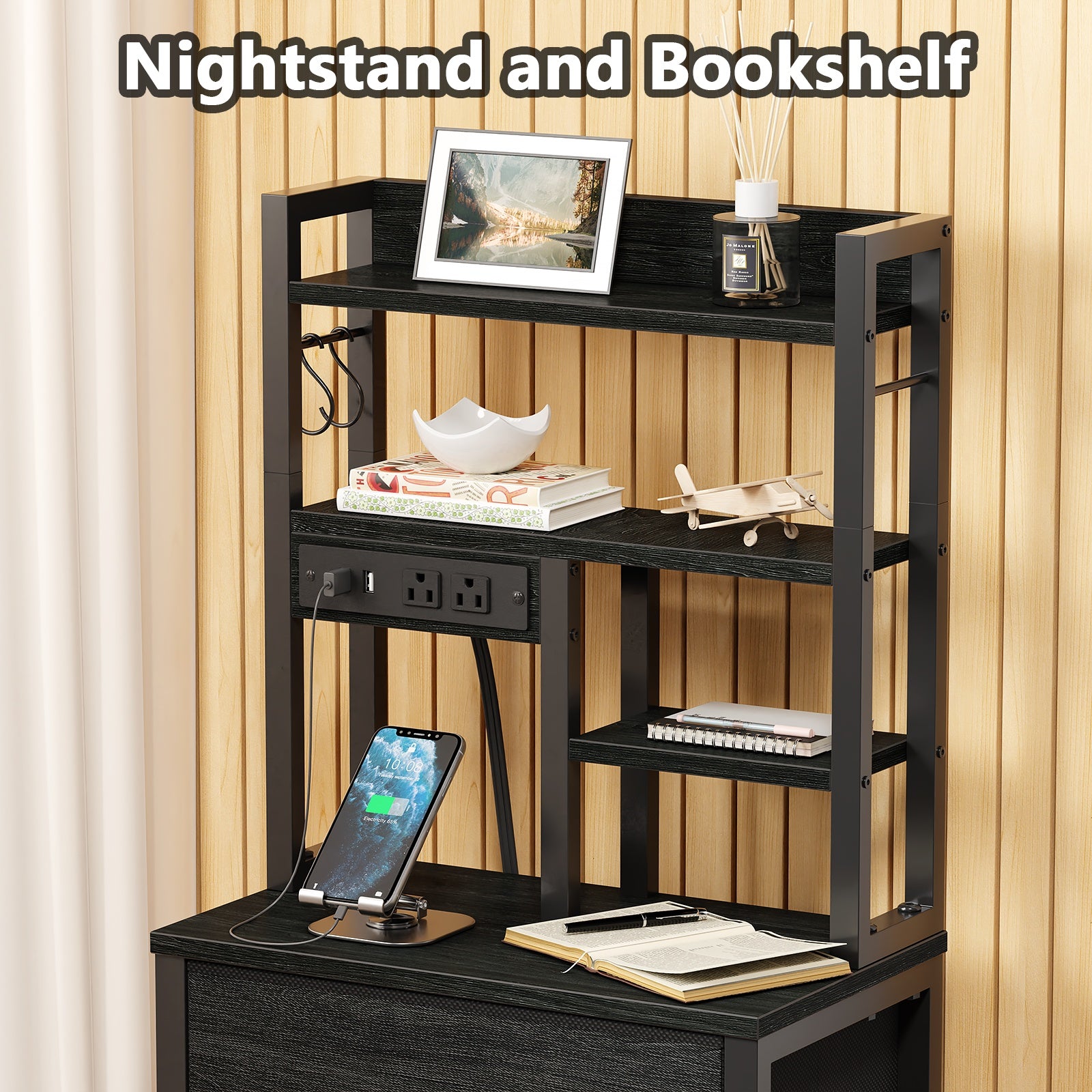 Furnulem Tall Night Stand, 4 Fabric Drawers and 4 Tier Storage Shelf
