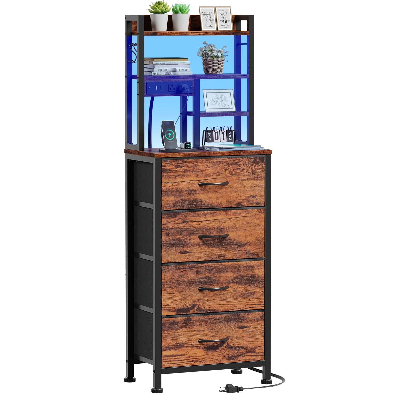 Furnulem Tall Night Stand, 4 Fabric Drawers and 4 Tier Storage Shelf