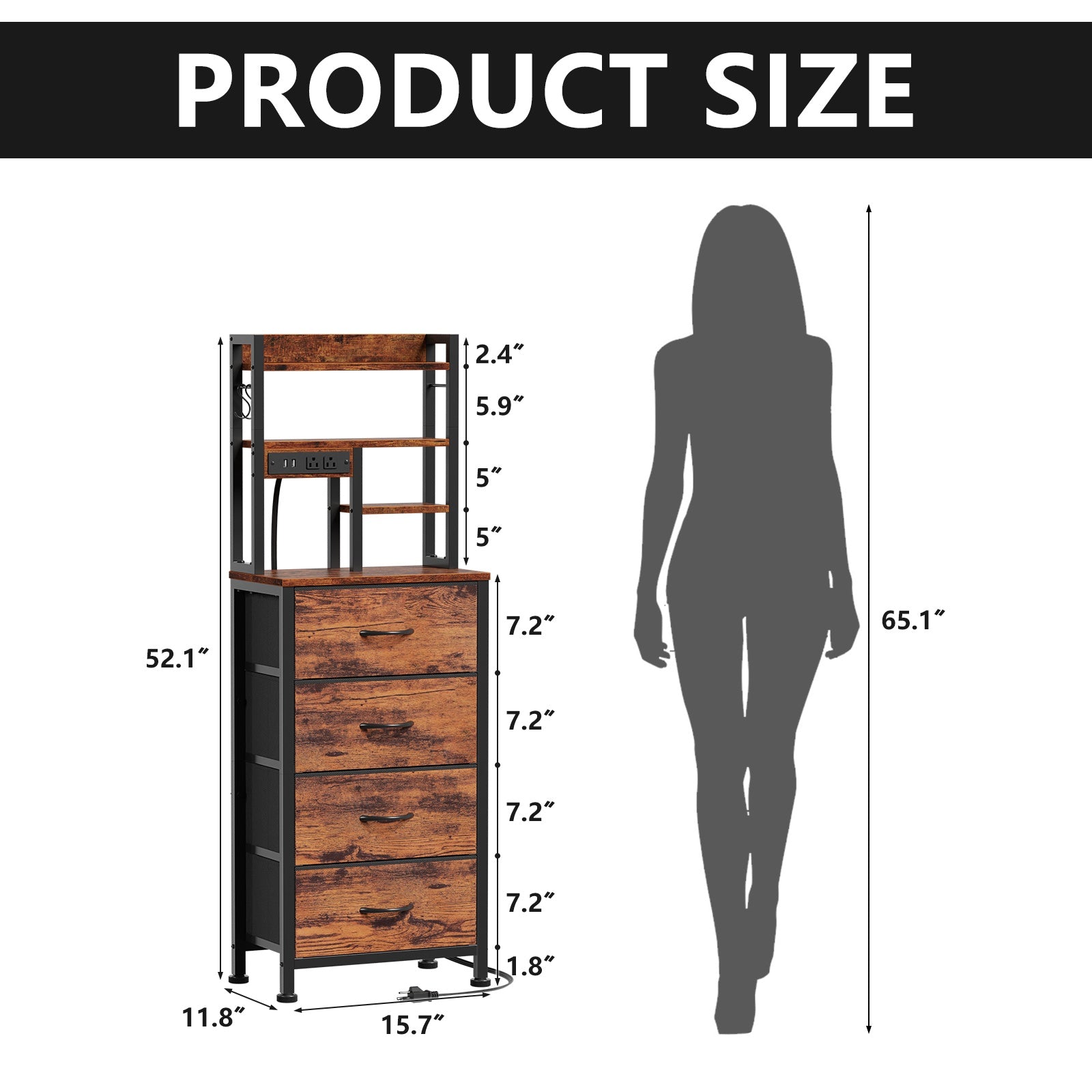 Furnulem Tall Night Stand, 4 Fabric Drawers and 4 Tier Storage Shelf