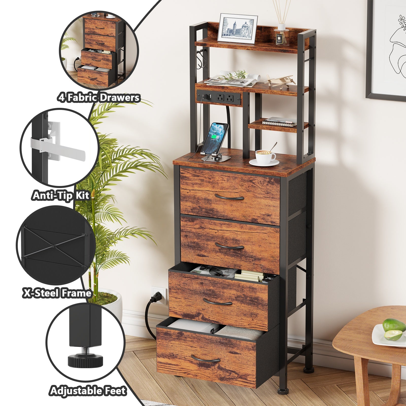 Furnulem Tall Night Stand, 4 Fabric Drawers and 4 Tier Storage Shelf