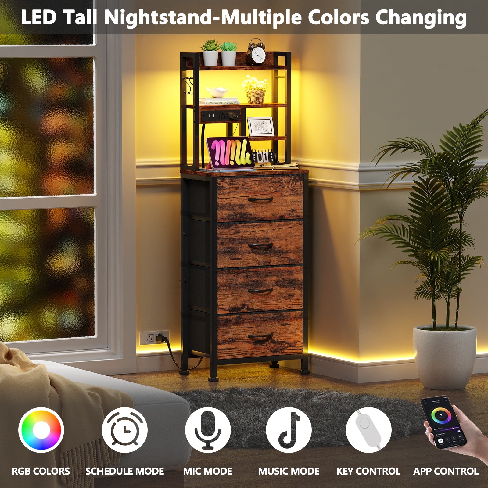 Furnulem Tall Night Stand, 4 Fabric Drawers and 4 Tier Storage Shelf