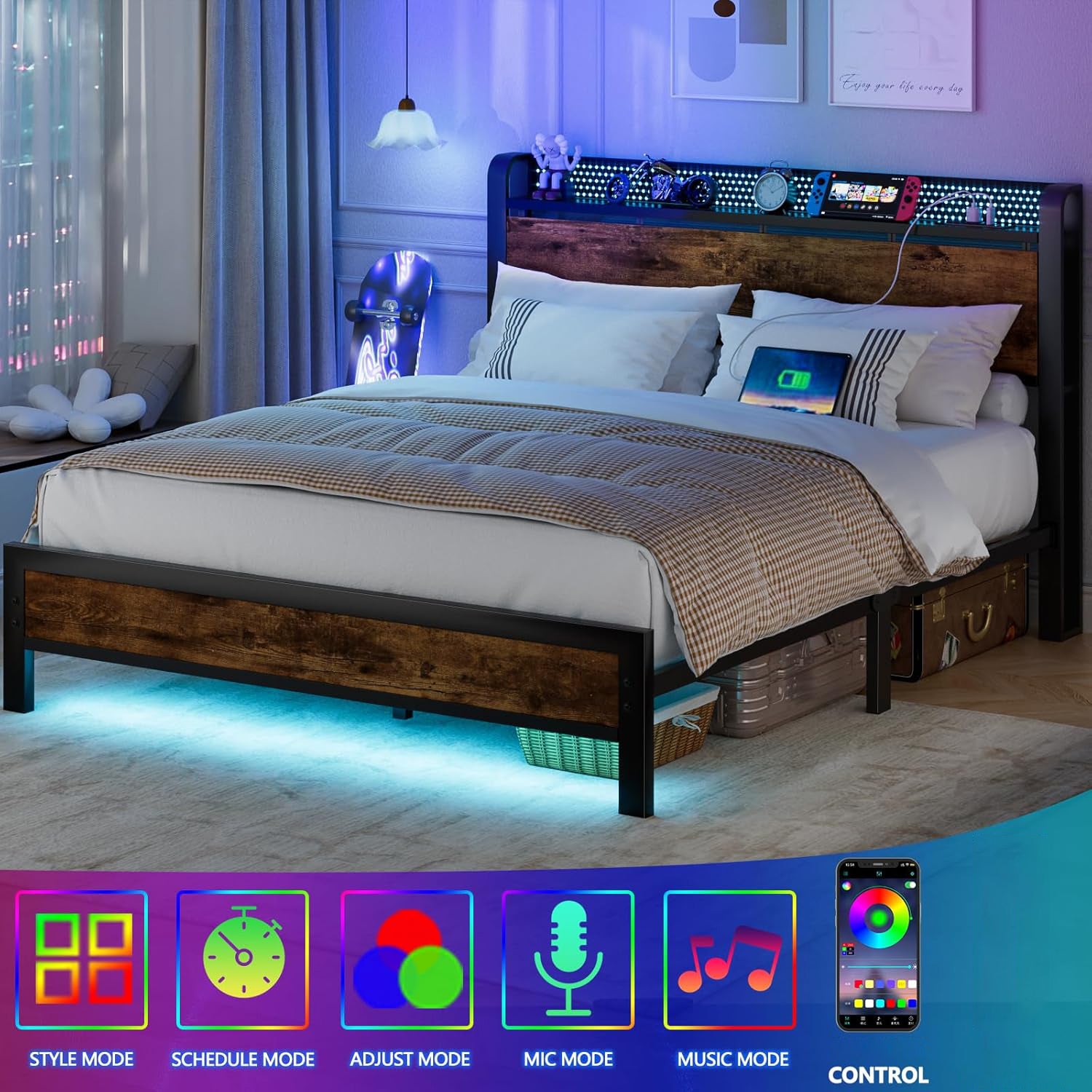 Furnulem Queen Bed Frame with Charging Station and LED Lights,Industrial Platform Beds  with Storage Headboard USB Port Rustic Wood and Strong Metal