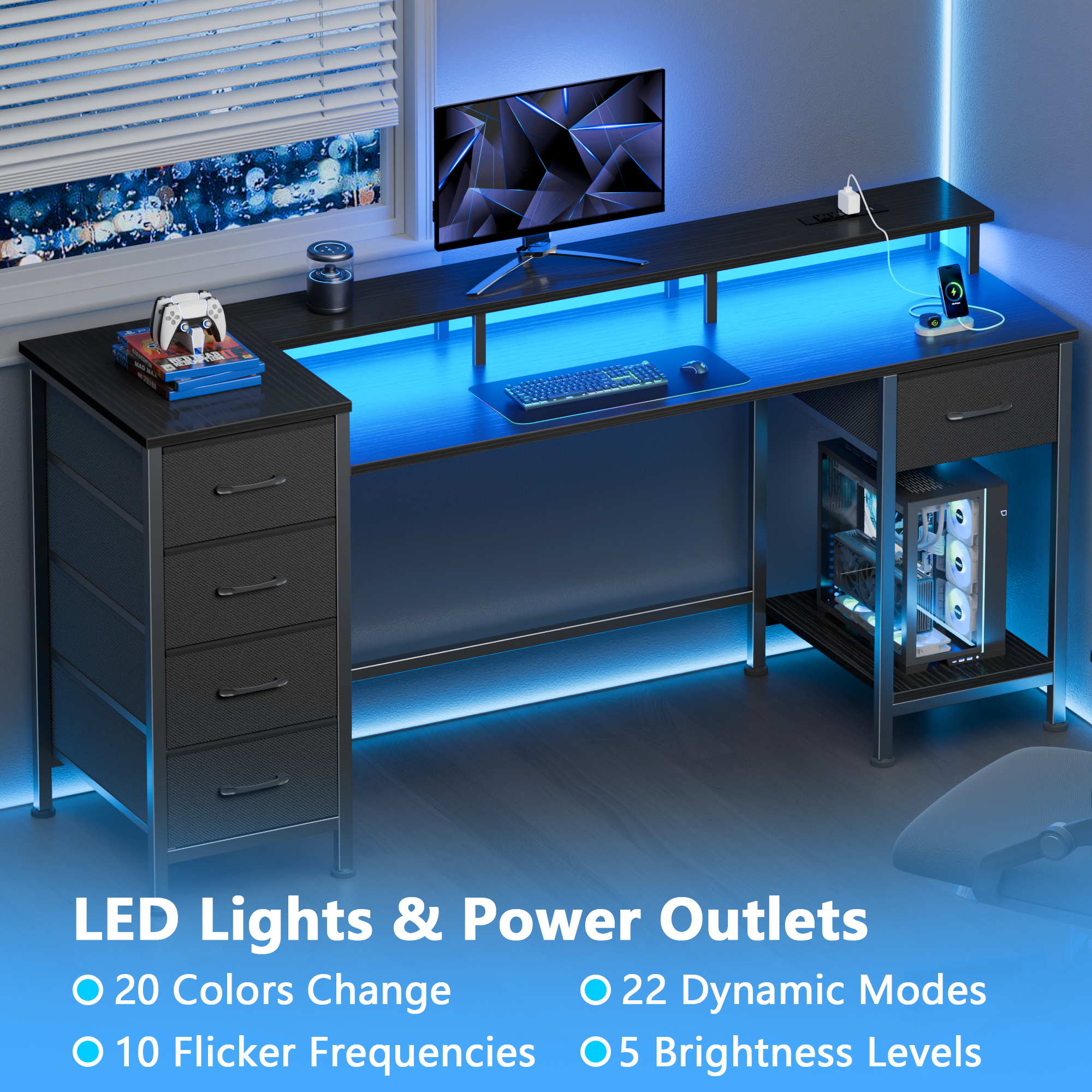 55 Inch Black Computer Desk with Charging Station Reversible Gaming Desk LED Lights Fabric Drawers Home Office Writing Table Bedroom Study Storage