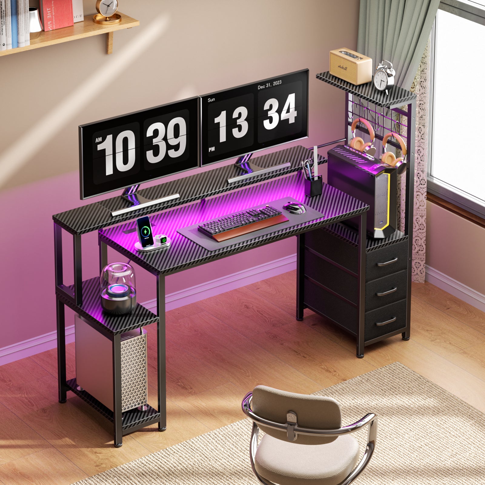 55 Inch Gaming Computer Desk Workstation with Fabric Storage Drawers Monitor Stand and Reversible Setup for Home Office Bedroom Classic Black Finish