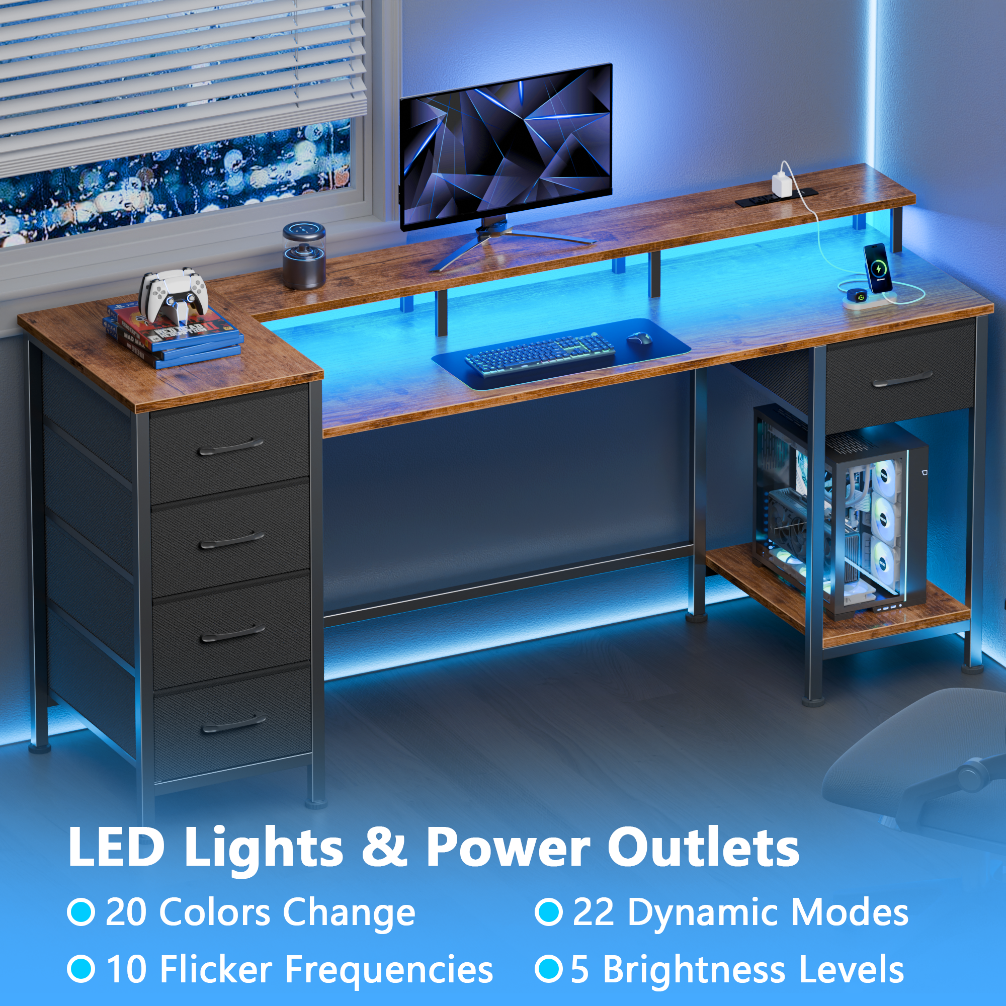 Qwatto 55 Inch  Computer Desk with Charging Station Reversible Gaming Desk LED Lights Fabric Drawers Home Office Writing Table Bedroom Study Storage