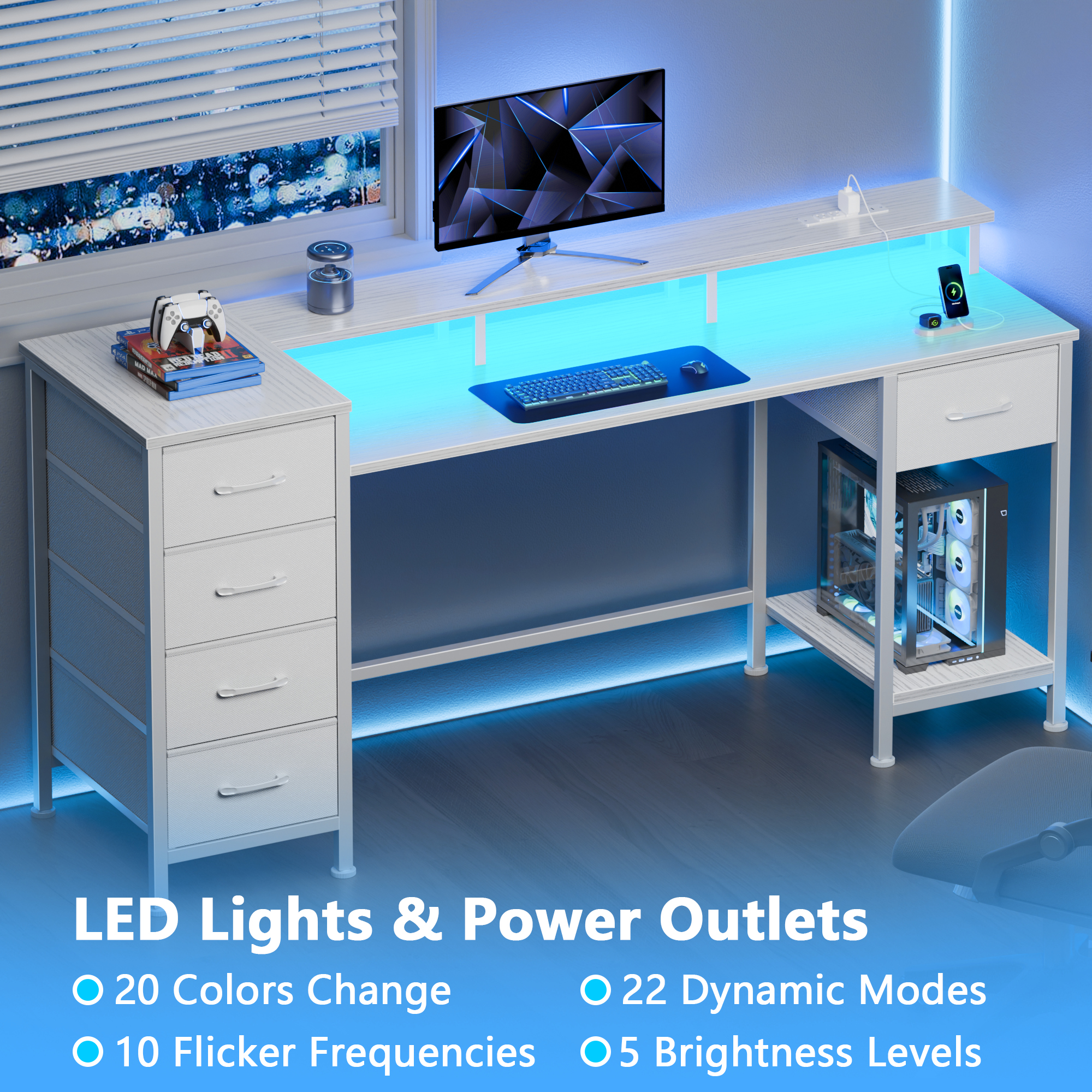 55 Inch White Computer Desk with Charging Station Reversible Gaming Desk LED Lights Fabric Drawers Home Office Writing Table Bedroom Study Storage