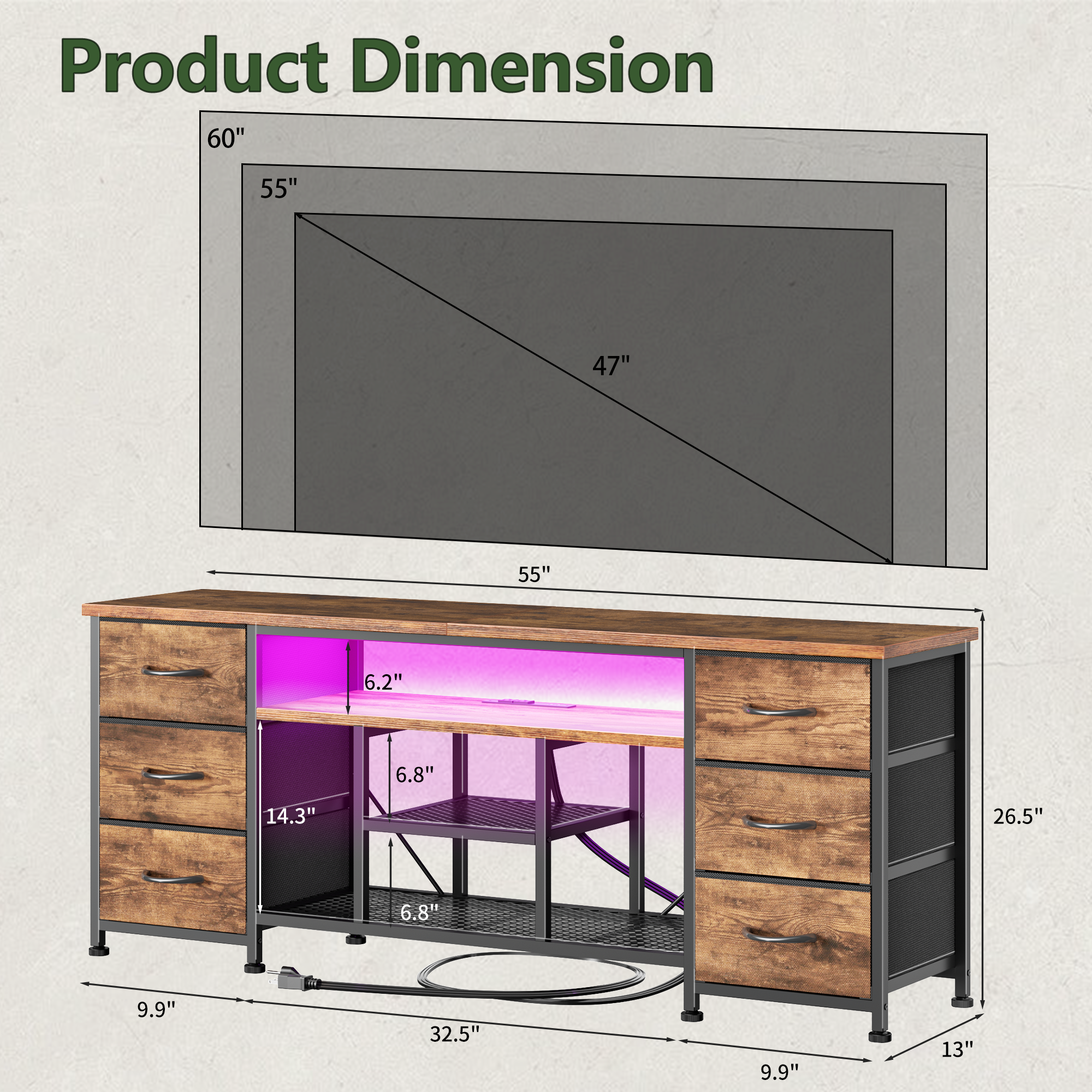 Qwatto 55 Inch Brown TV Stand Dresser with Charging Station LED Lights 6 Fabric Drawers Entertainment Center for TVs up to 60 Inch Bedroom Storage