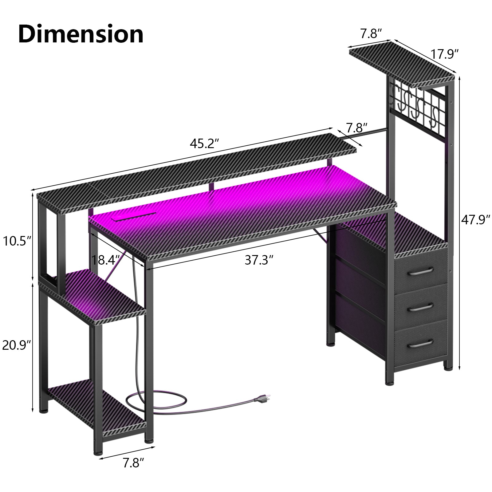 55 Inch Gaming Computer Desk Workstation with Fabric Storage Drawers Monitor Stand and Reversible Setup for Home Office Bedroom Classic Black Finish