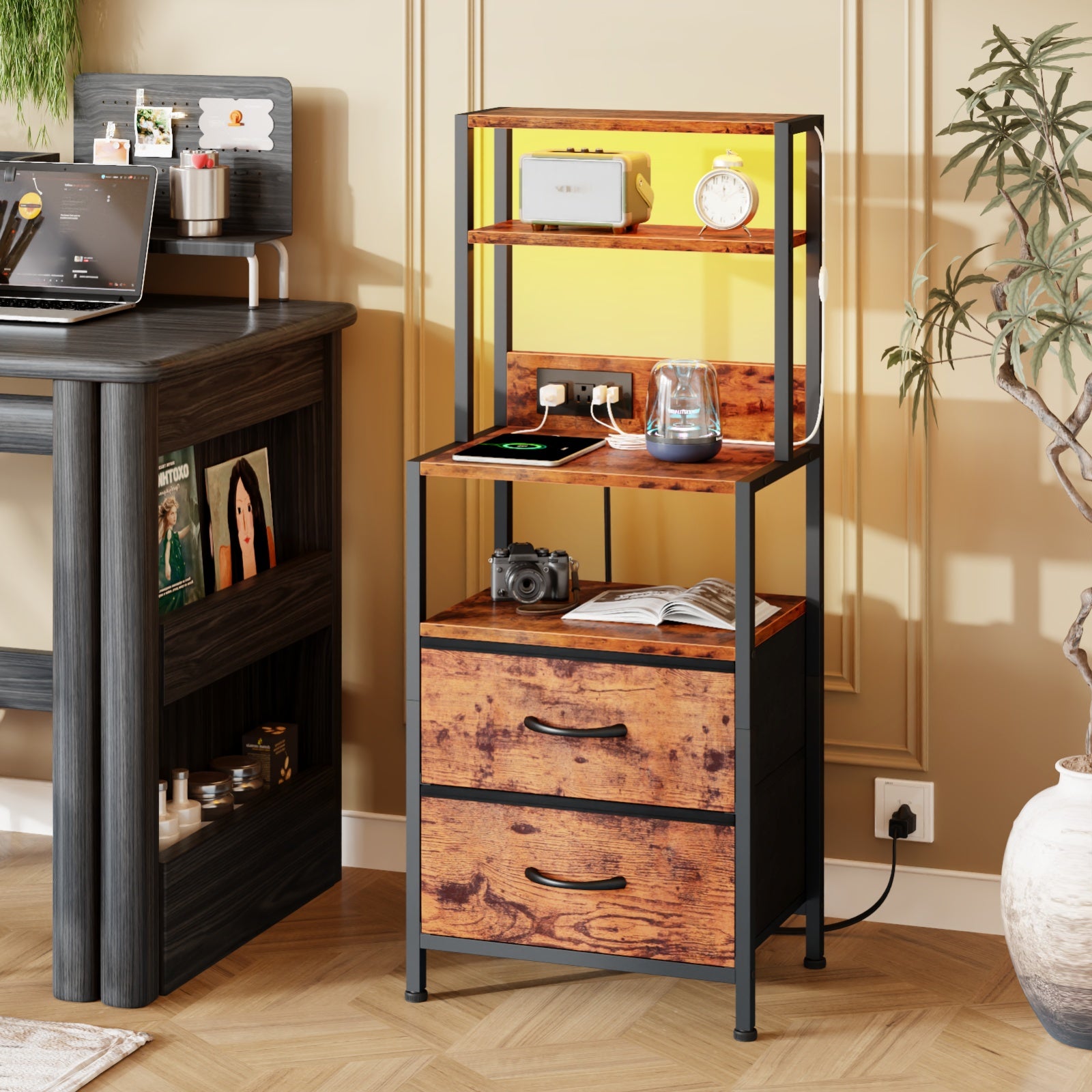 Furnulem Night Stand, Tall Nightstand with 4-Tier Shelves, 2 Fabric Drawers and Light Tube, Bed Side Tables with Charging Station, Bedside Table for Bedroom, Office, Rustic Brown