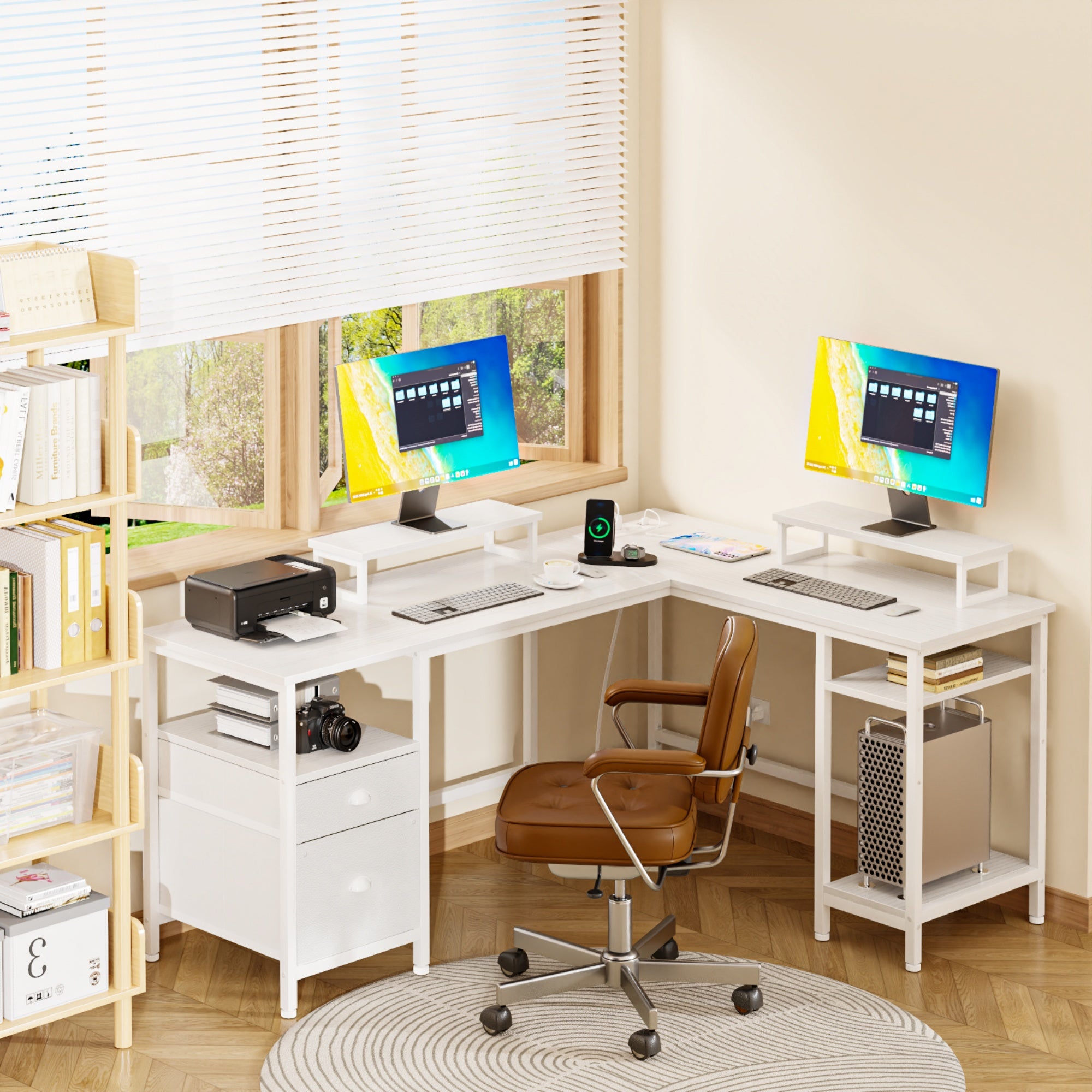 Furnulem 59 inch and 66 inch L-Shaped Metal Base Computer Desk with Power Outlet, Computer Desk with Monitor Stand & Charging Station