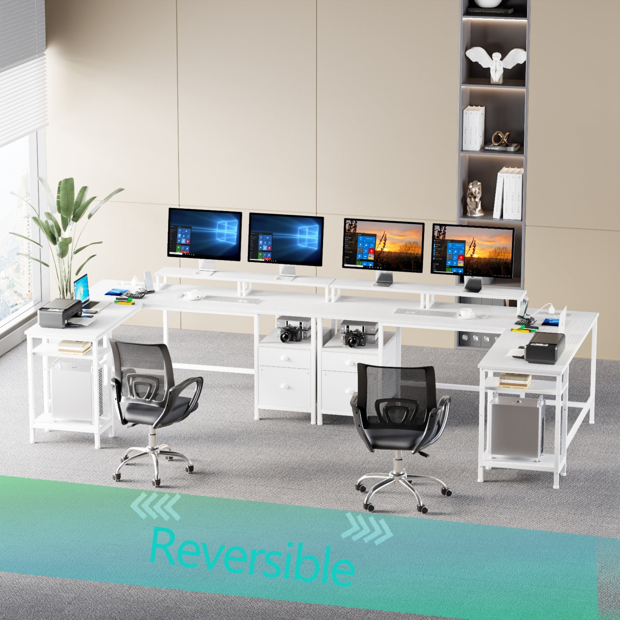 Furnulem 59 inch and 66 inch L-Shaped Metal Base Computer Desk with Power Outlet, Computer Desk with Monitor Stand & Charging Station