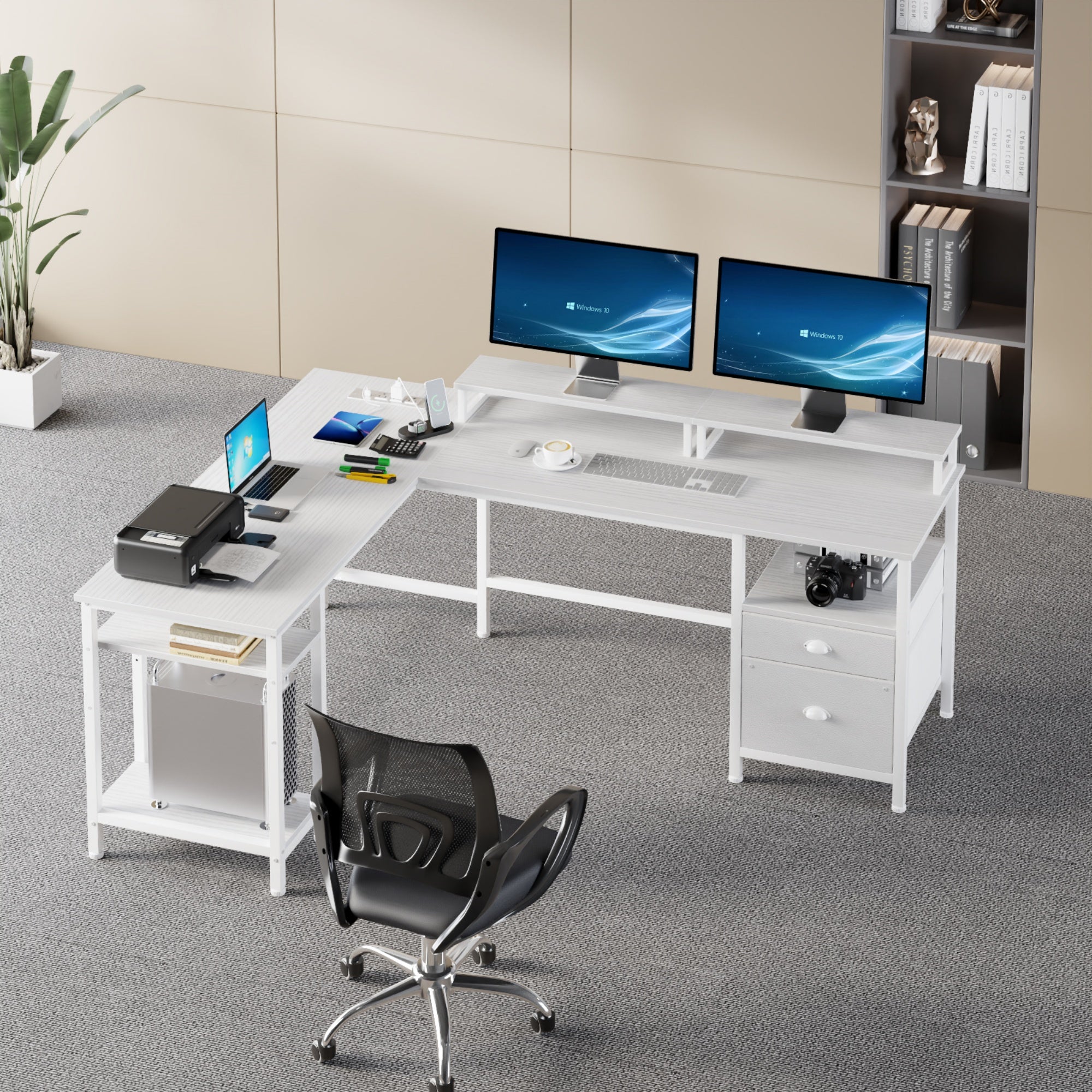 Furnulem 59 inch and 66 inch L-Shaped Metal Base Computer Desk with Power Outlet, Computer Desk with Monitor Stand & Charging Station