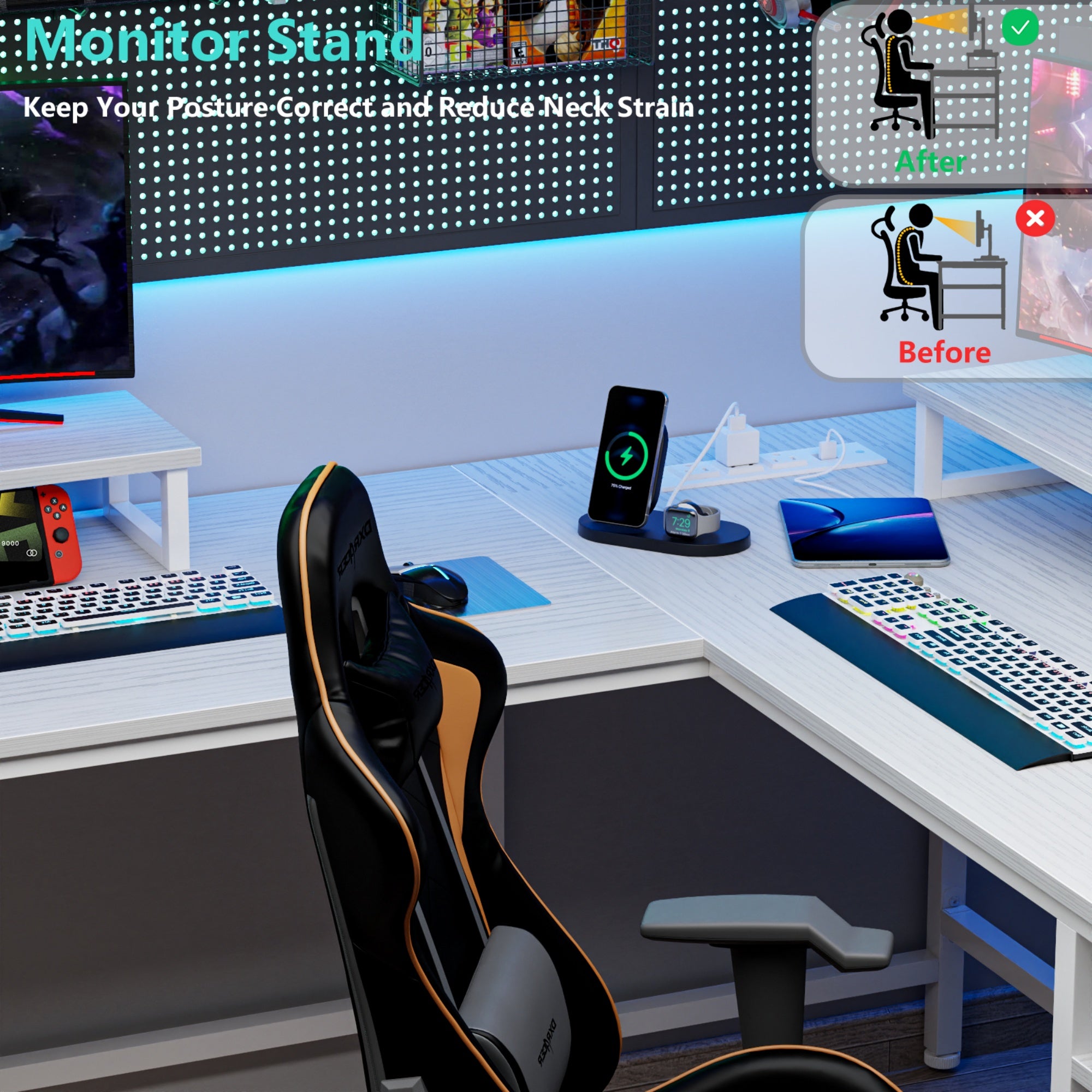 Furnulem 59 inch and 66 inch L-Shaped Metal Base Computer Desk with Power Outlet, Computer Desk with Monitor Stand & Charging Station