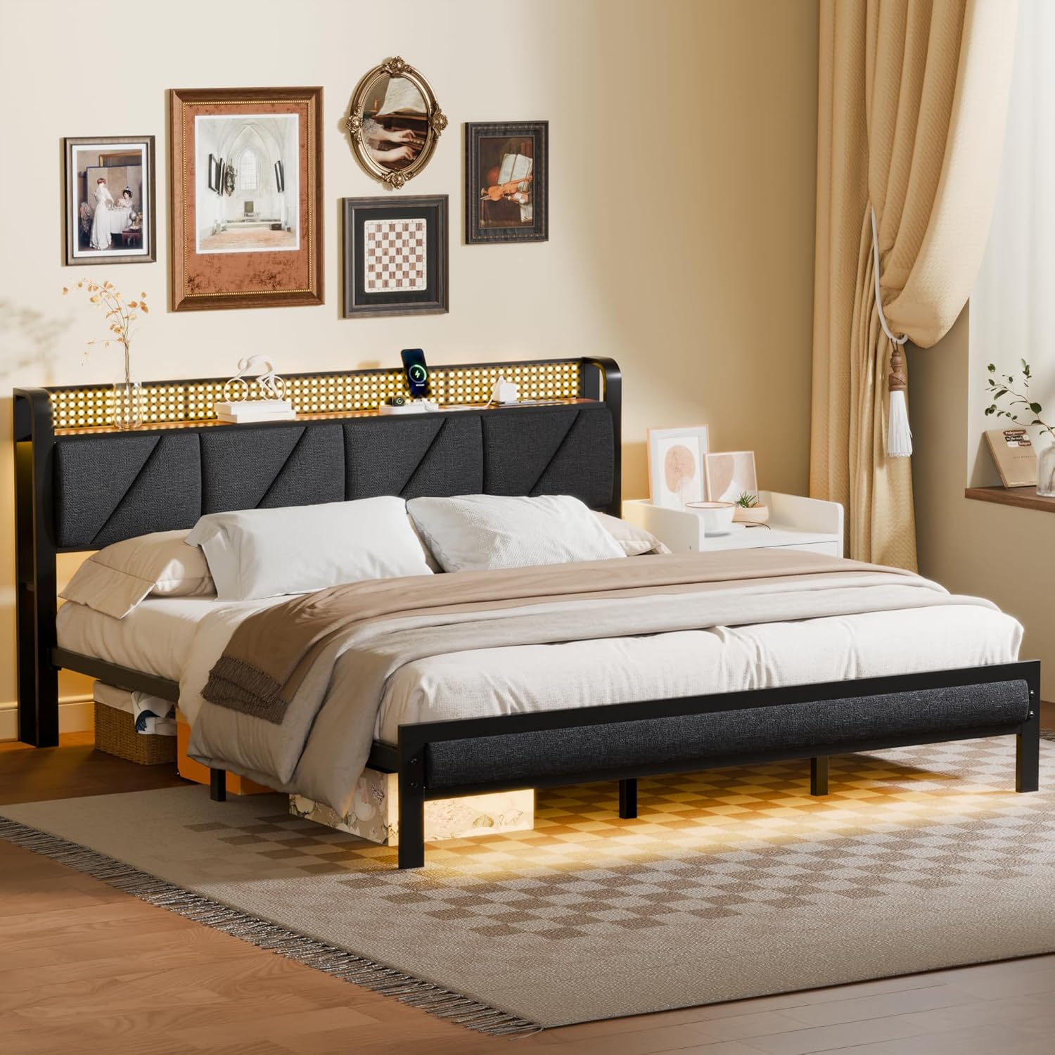 Furnulem King Bed Frame with Headboard and LED Light Upholstered Platform with Power Outlet and USB Port Bed with Metal Support and Footboard