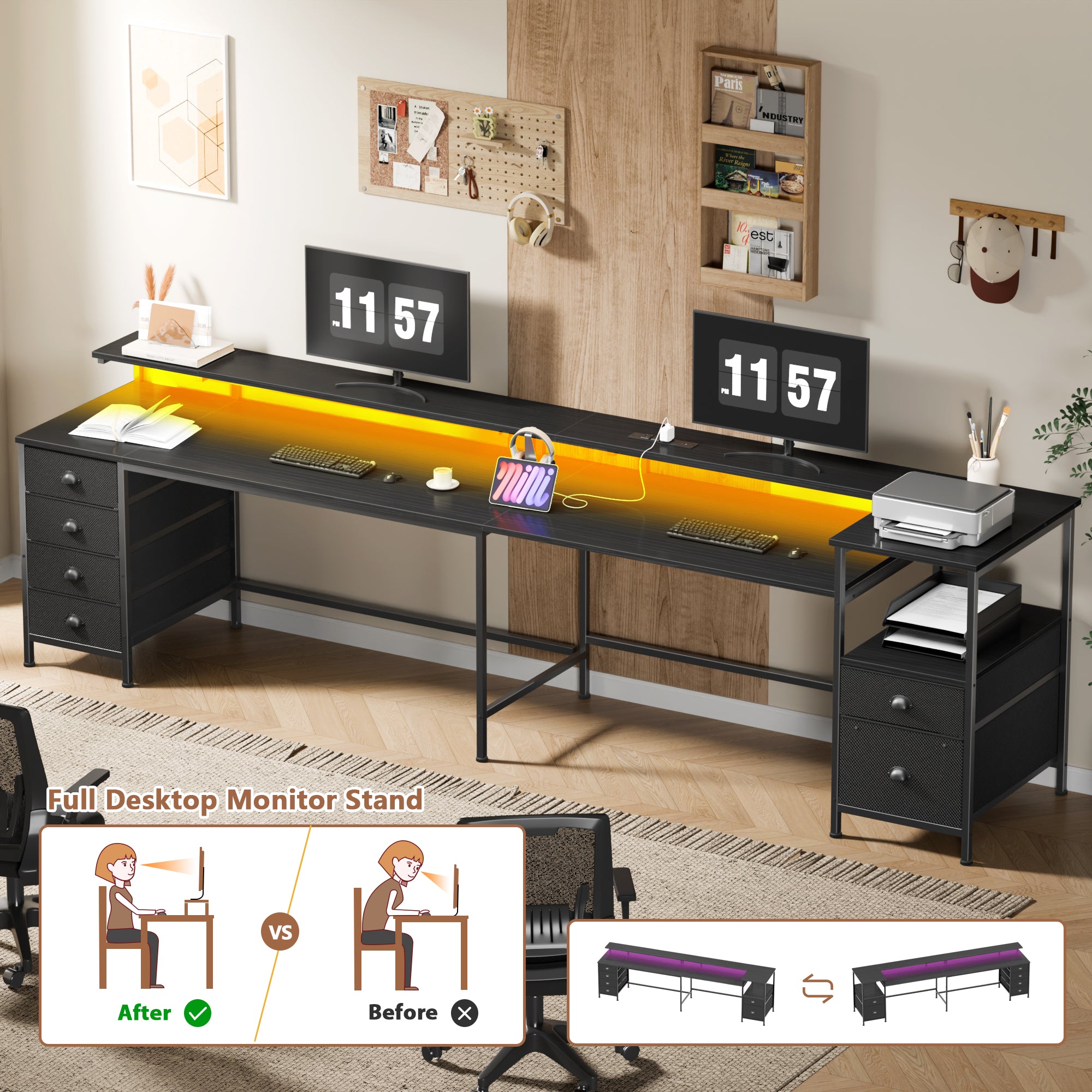 66 Inch Black L Shaped Gaming Desk with Charging Station Reversible Corner Computer Desk LED Lights 6 Drawers Monitor Stand Printer Shelf Storage