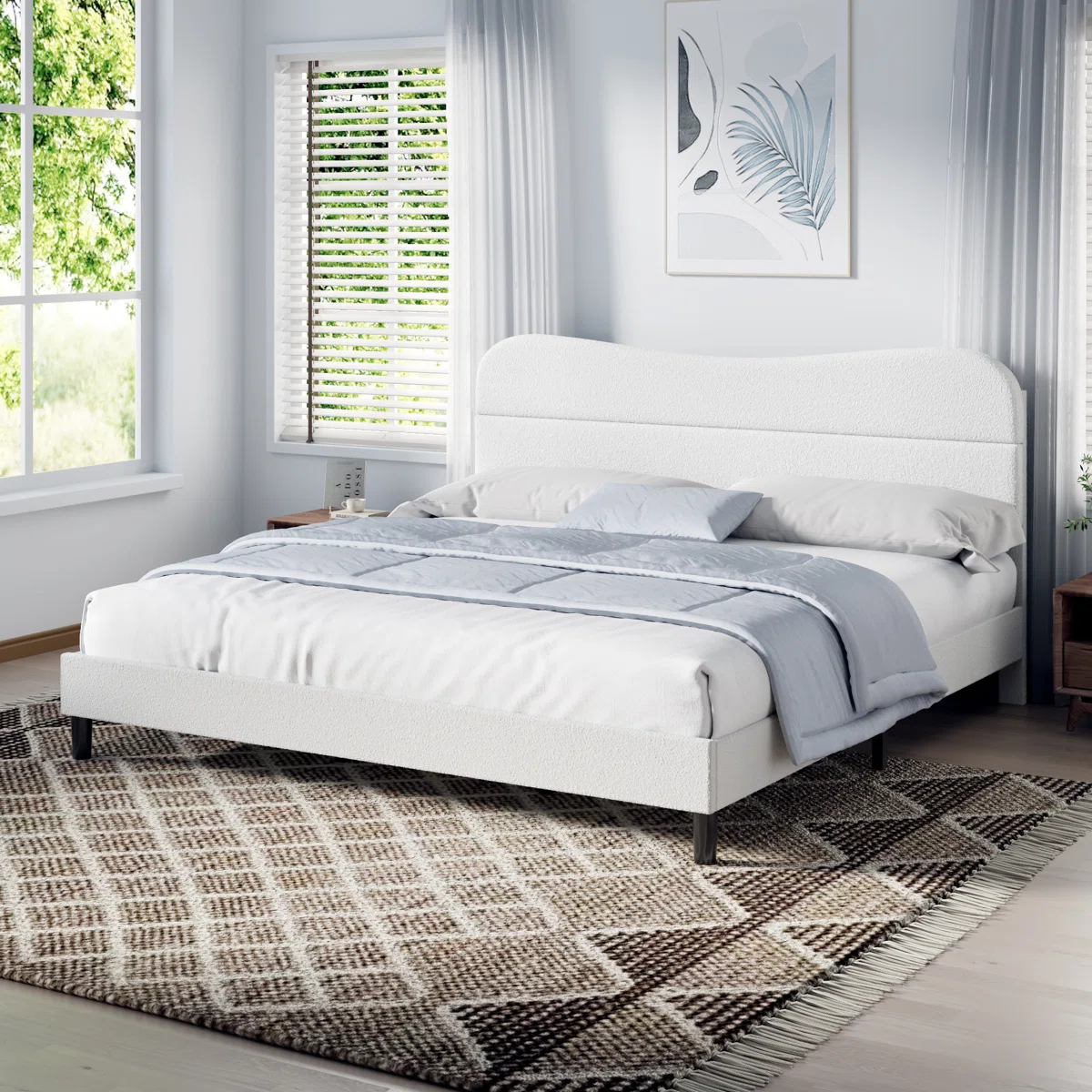 King Size Bed Frame With Teddy Velvet Soft Curved Headboard Platform Bed With Wooden Slats Support Easy Assembly Noise-free