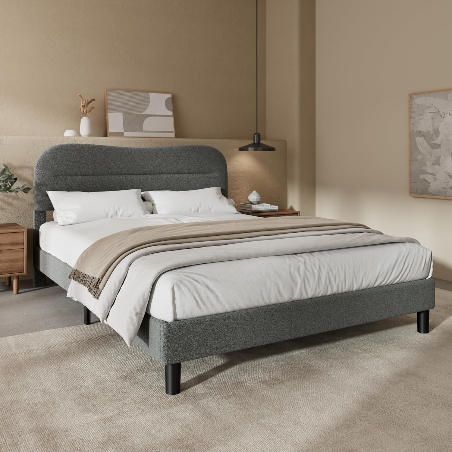 Queen Size Bed Frame with Headboard upholstered Bed Frame Soft Boucle Fabric Soft Cloud Marshmallow Shape Upholstered Headboard No Box Spring Needed