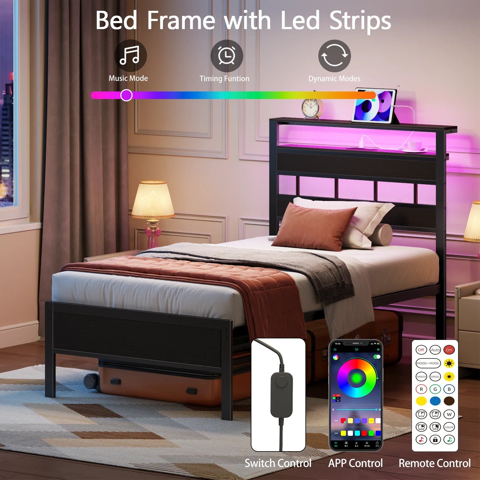 Bed Frames with Headboard & LED Lighted,Standard Storage Bed Platforrm with Storage Underbed, No Box Spring Needed