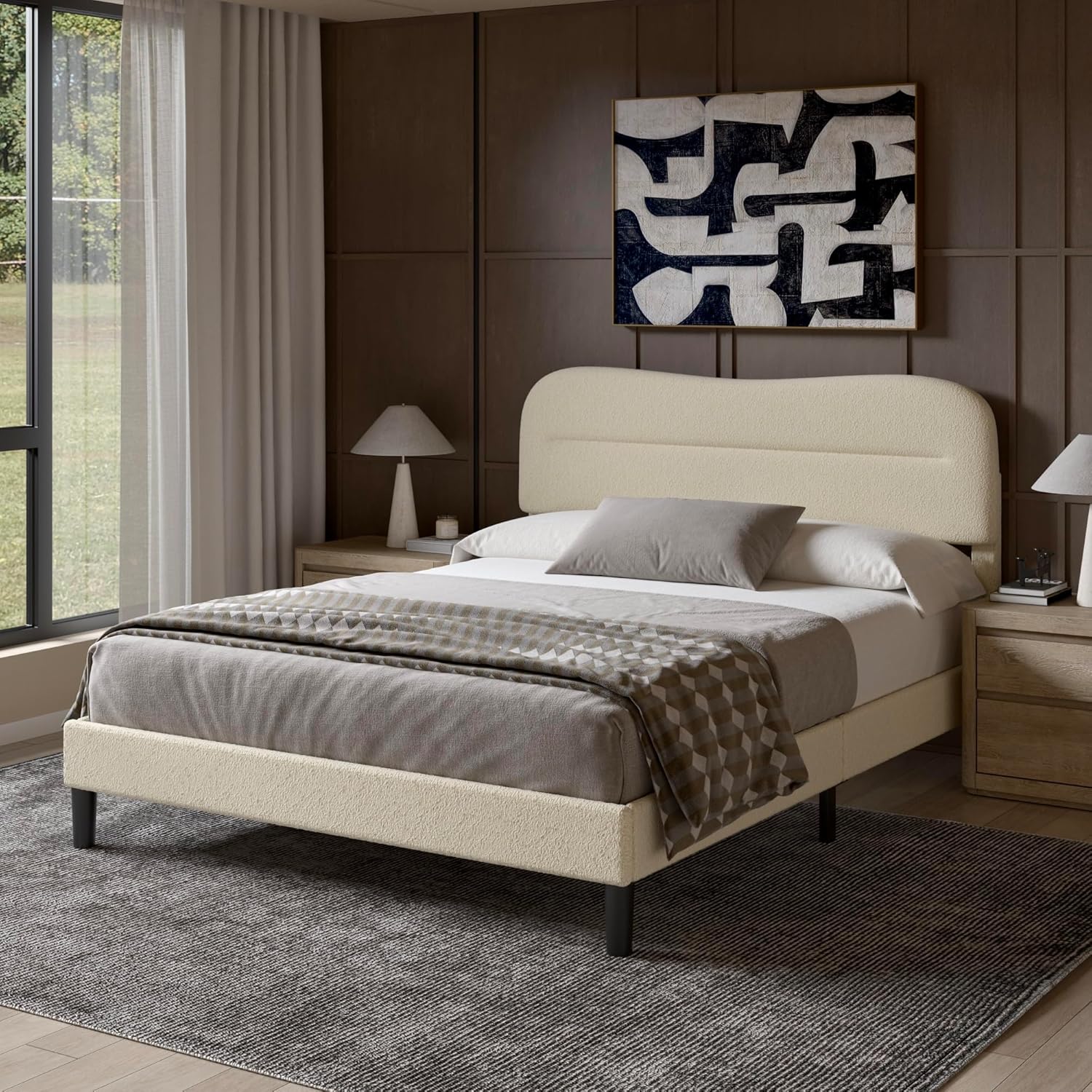 Queen Size Bed Frames with Headboard Upholstered Bed Frame Teddy Soft Boucle Fabric bedframes Soft Cloud Marshmallow Shape Upholstered Headboard