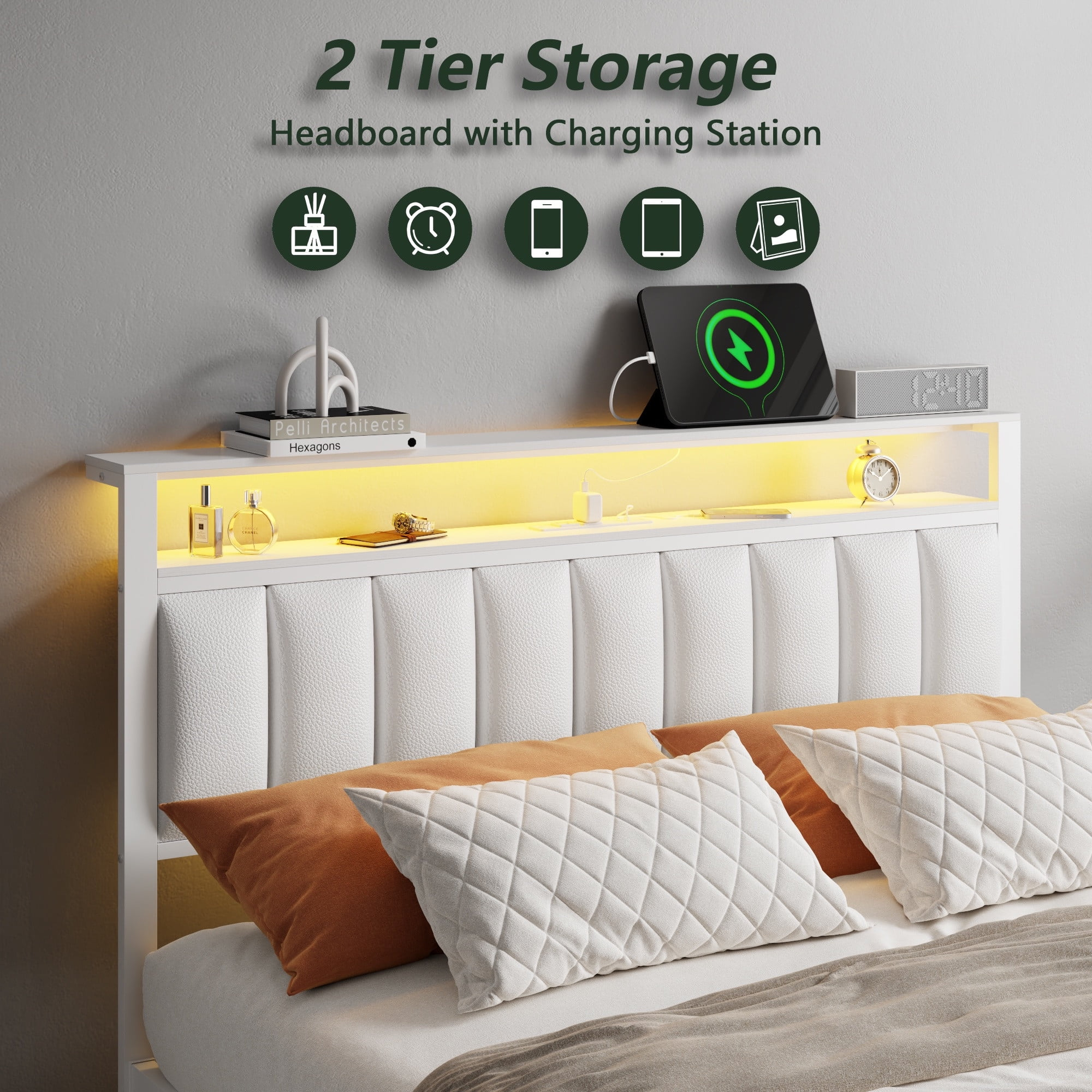 Full Size Bed Frames with LED Lights Charging Station Platform Bed with Metal Slats Headboard with 2-Tier Storage Shelves No Box Spring Needed White