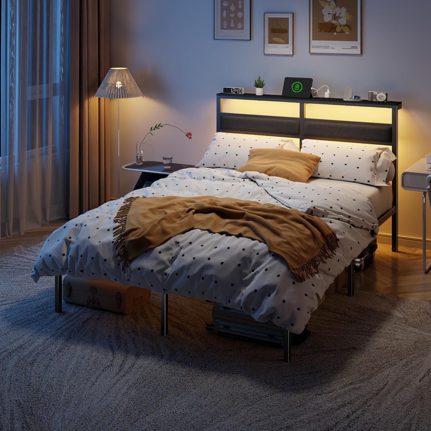 Full Size Bed Frame with Headboard, Bed Frame with LED Light and Charging Station Black Metal Platform Bedframe and Storage Shelf No Box Spring Needed