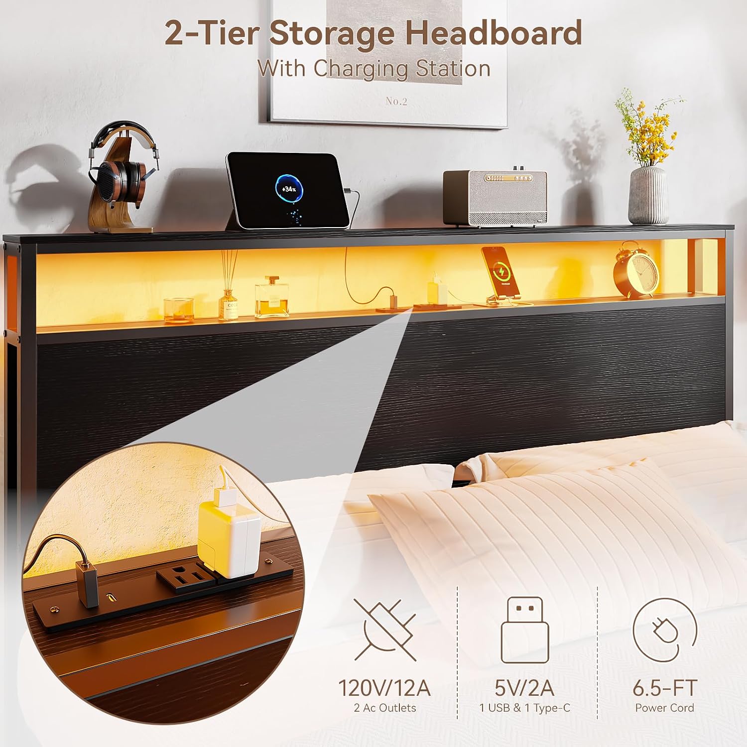 Qwatto Queen Bed Frame 6 Drawers Storage Headboard LED Lights Charging Station Metal Platform Bed Black No Box Spring Needed Noise Free 2 Tier USB Shelf