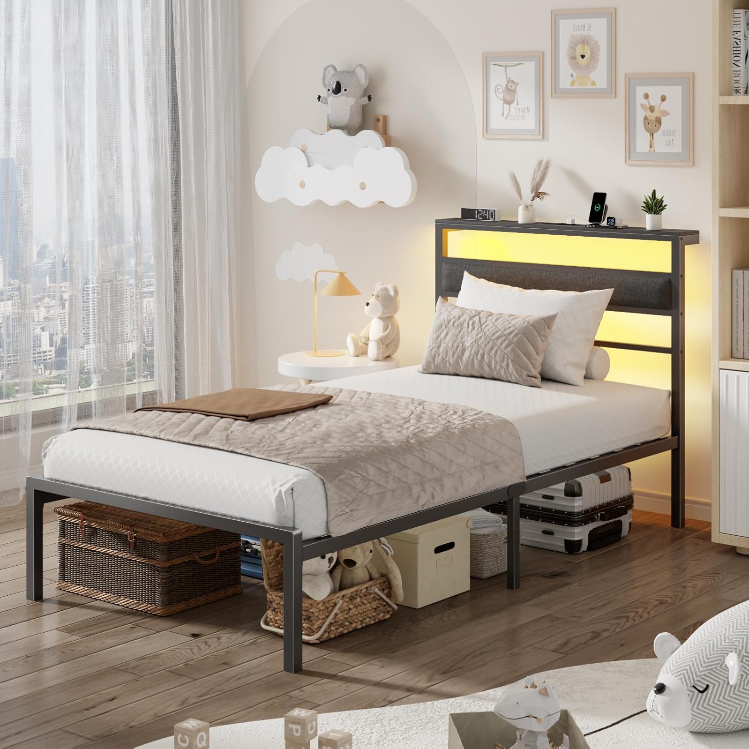 Twin Bed Frames for Kids Metal Platform Bed Frame  with Upholstered Headboard Wood Storage Shelf Charging Station and LED Lights No Box Spring Needed